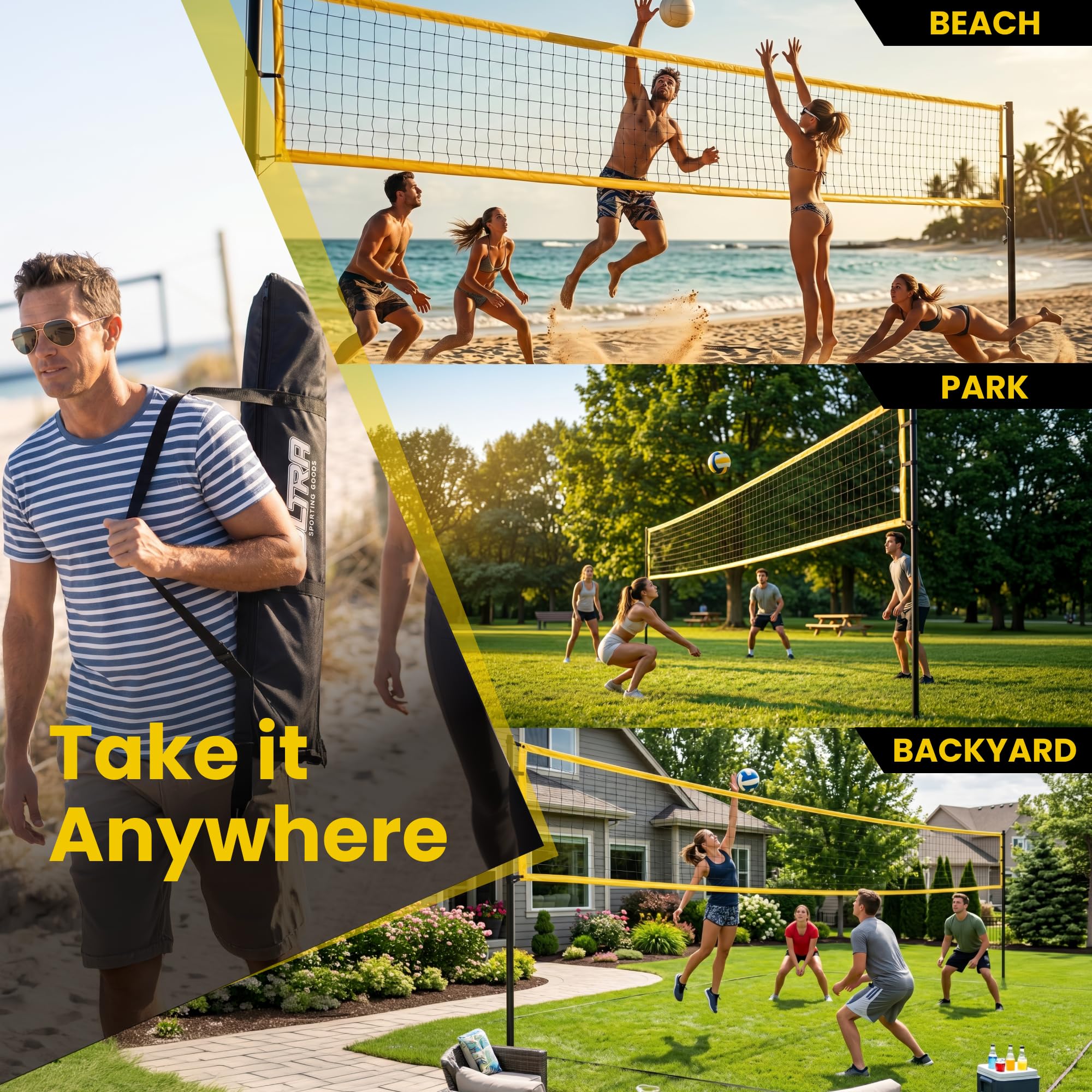 Collapsible volleyball net poles with storage bag