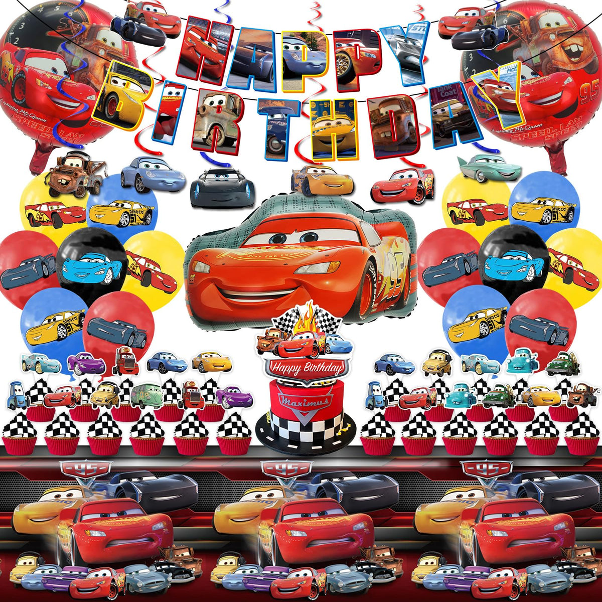 Cars Birthday Party Supplies banner and tablecloth with toppers and balloons