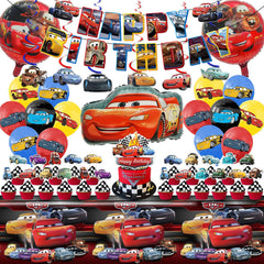 Cars Birthday Party Supplies banner and tablecloth with toppers and balloons