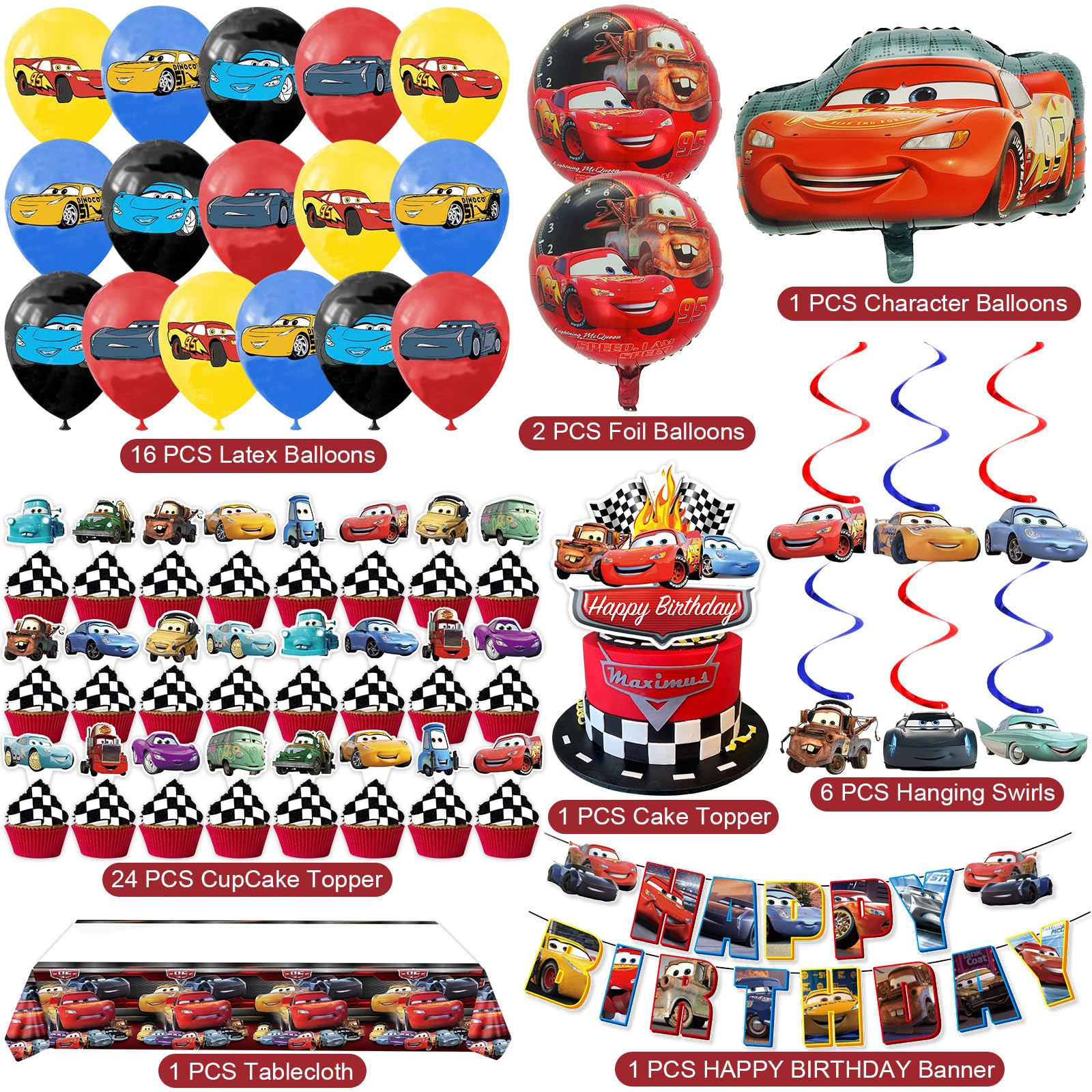 Cars theme party decorations kit with banner balloons swirls and toppers