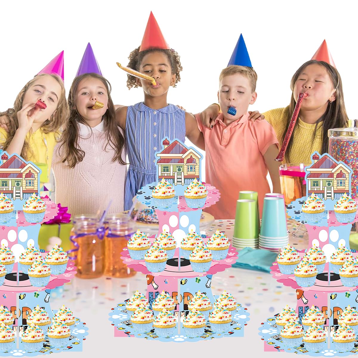 Top tier 7 inch plate with Blue Dog Birthday Cupcake Stand for icing