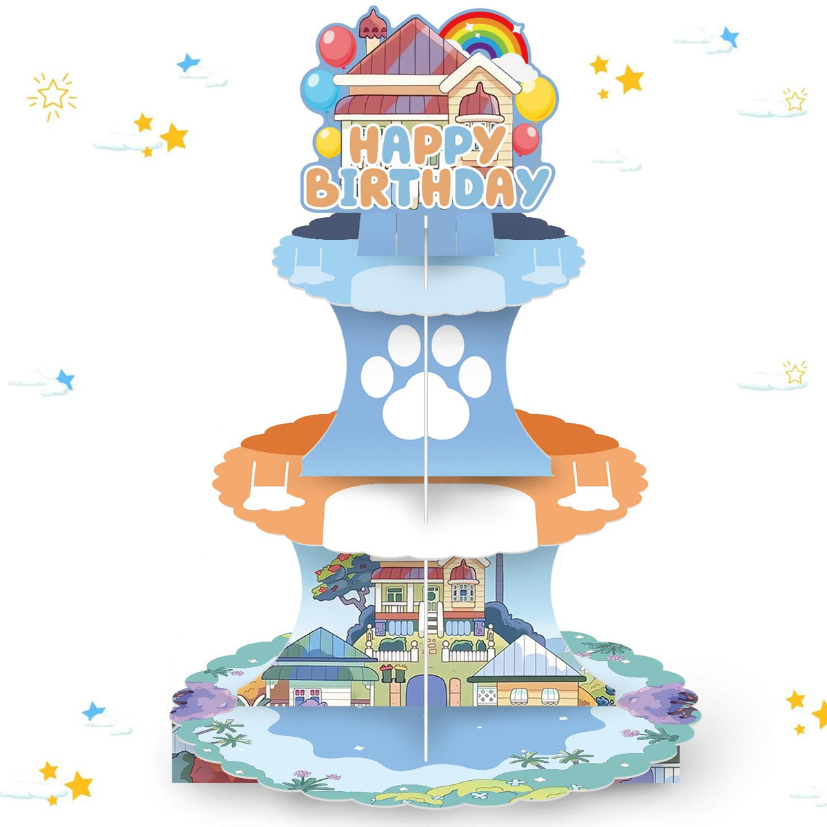 Cartoon Dog 3-Tier Cupcake Stand tall 13 inches blue design