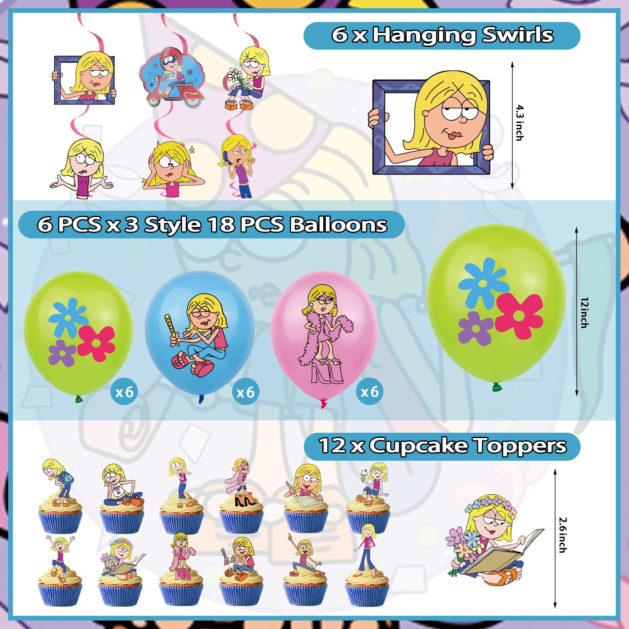 Cartoon Lizzie birthday decoration latex balloons and hanging swirls