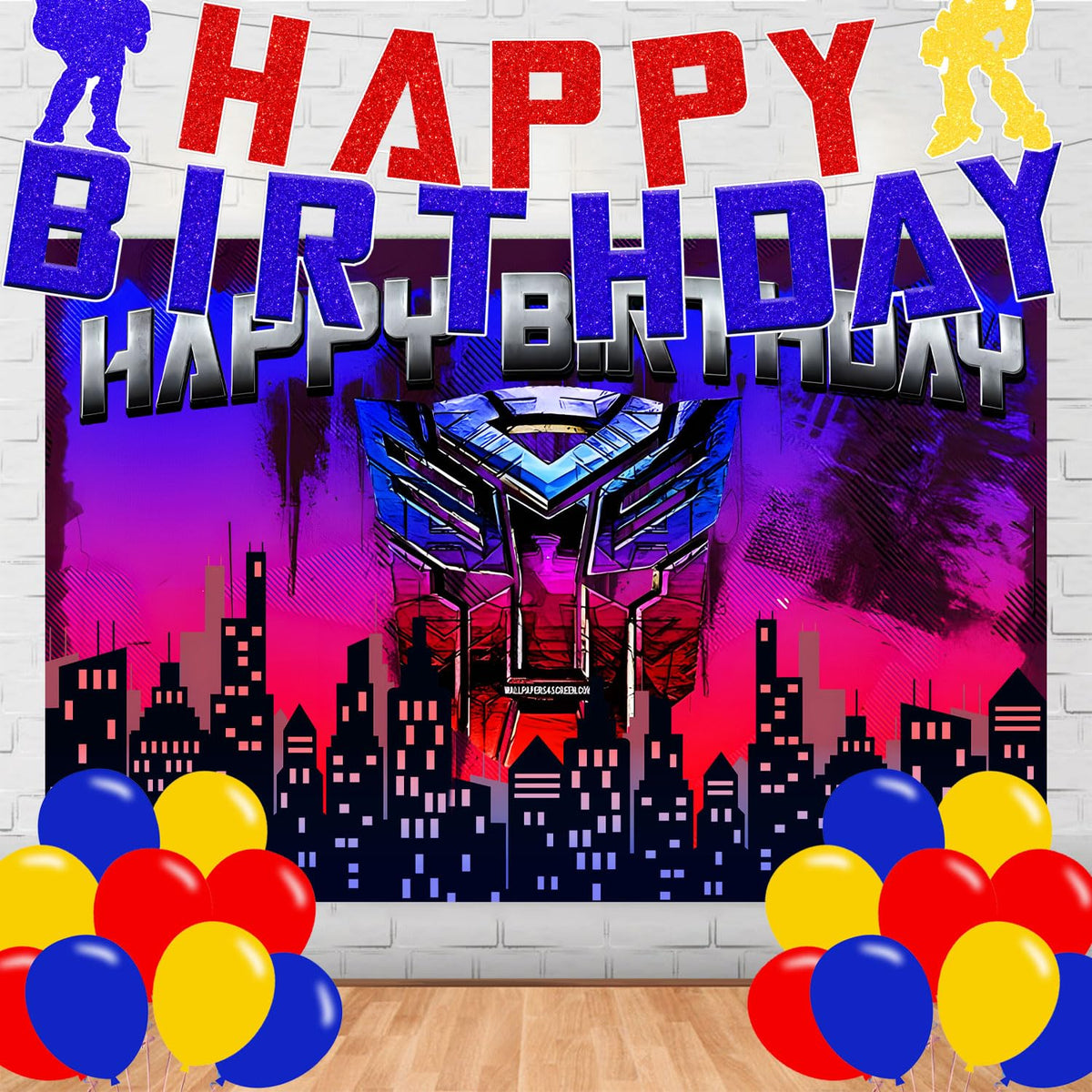 Cartoon Robot Birthday Party banner and backdrop
