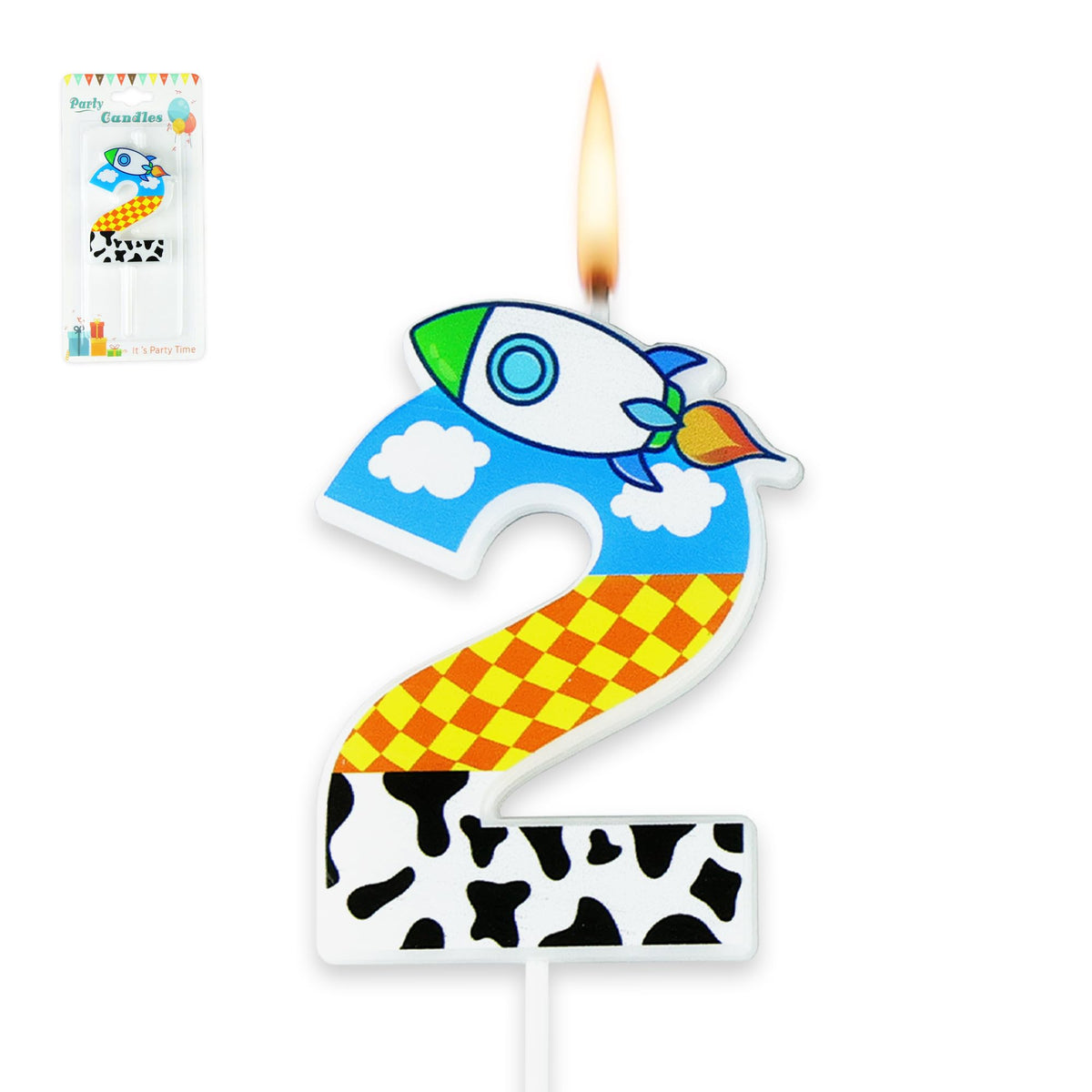 Cartoon Story Birthday Candle rocket topper on blue sky backdrop