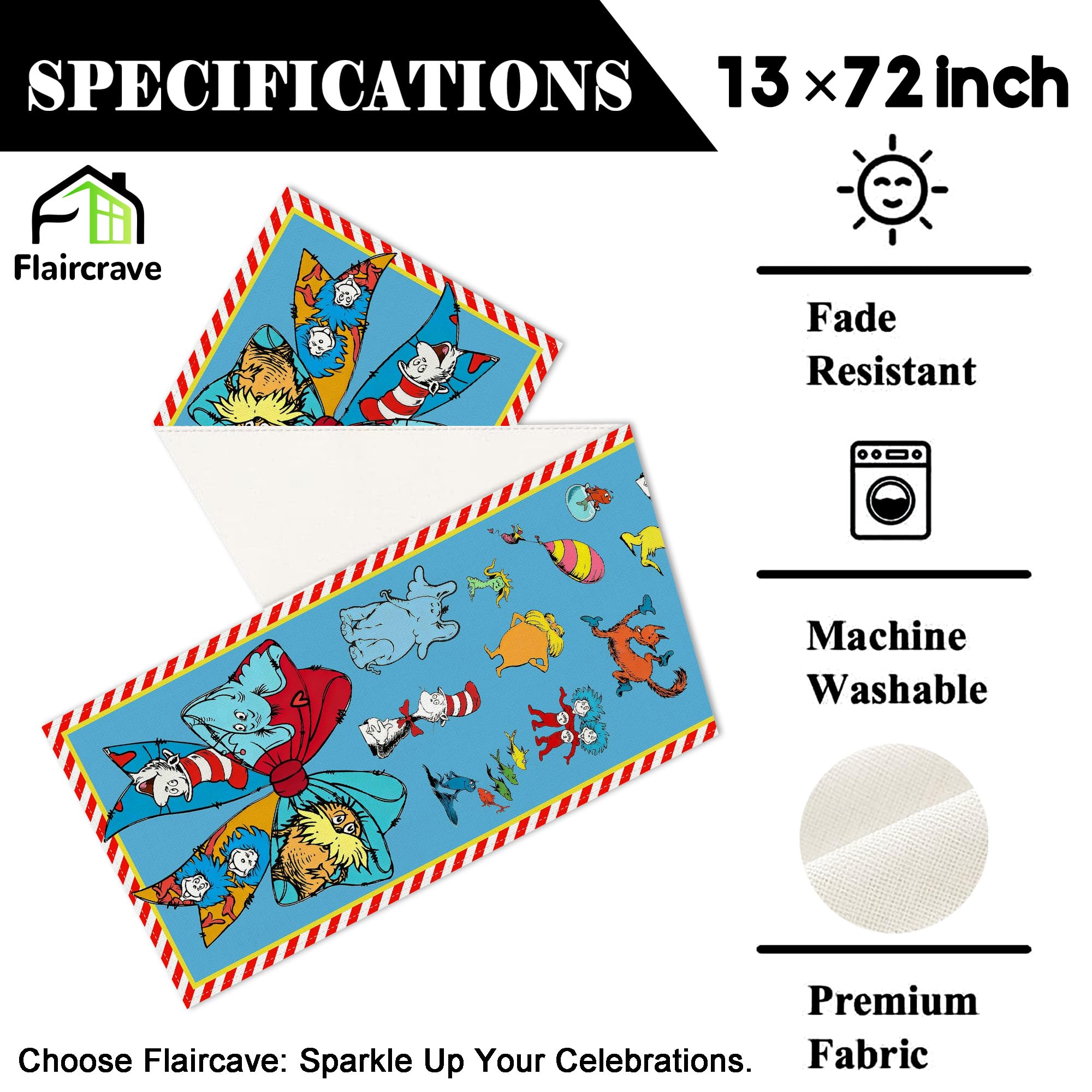 Cat in the Hat themed table runner 13x72 inches