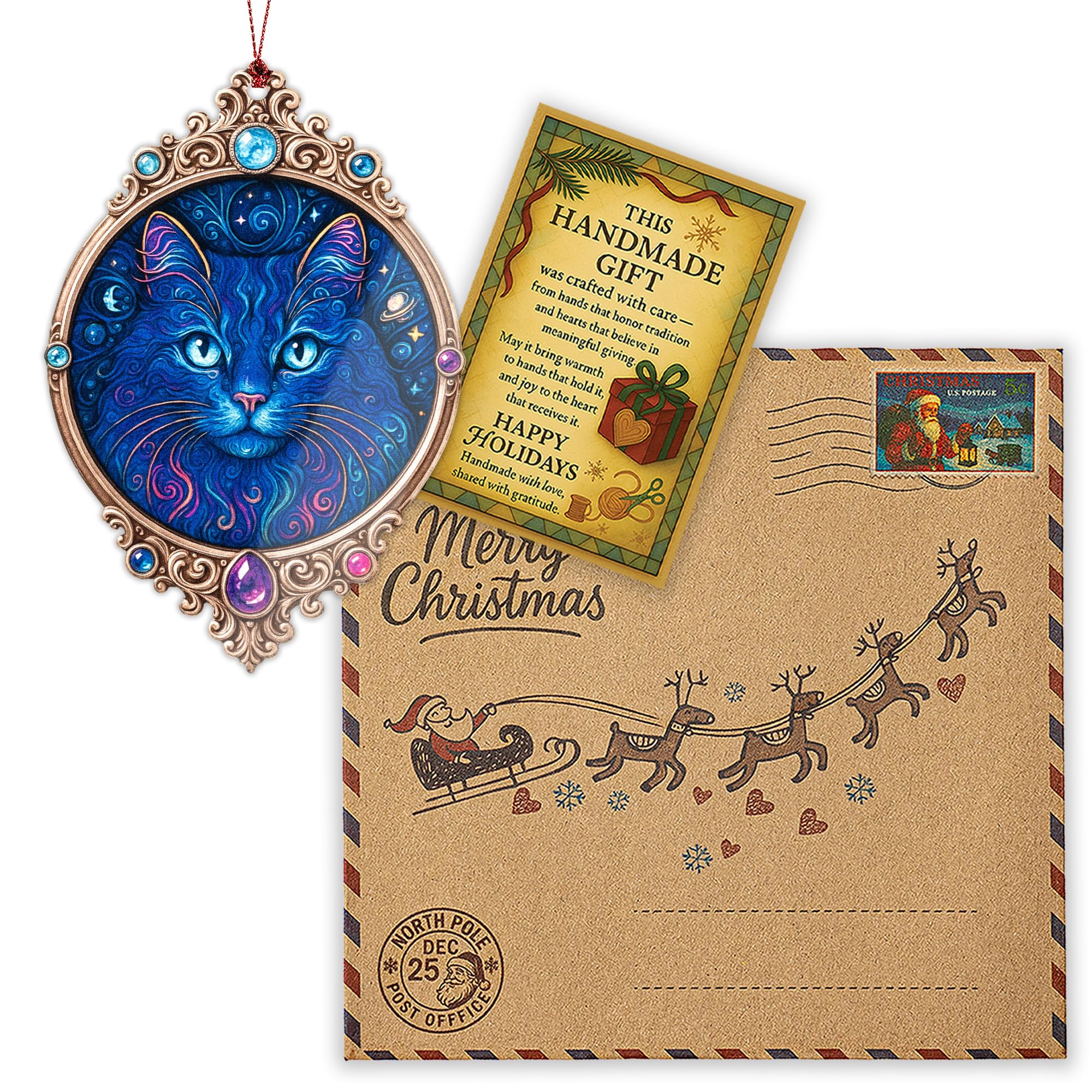 Cat ornament ready to gift with story card packaging
