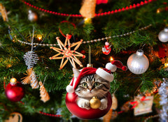 Cat ornament for Christmas tree 2025 burgundy hat gold string