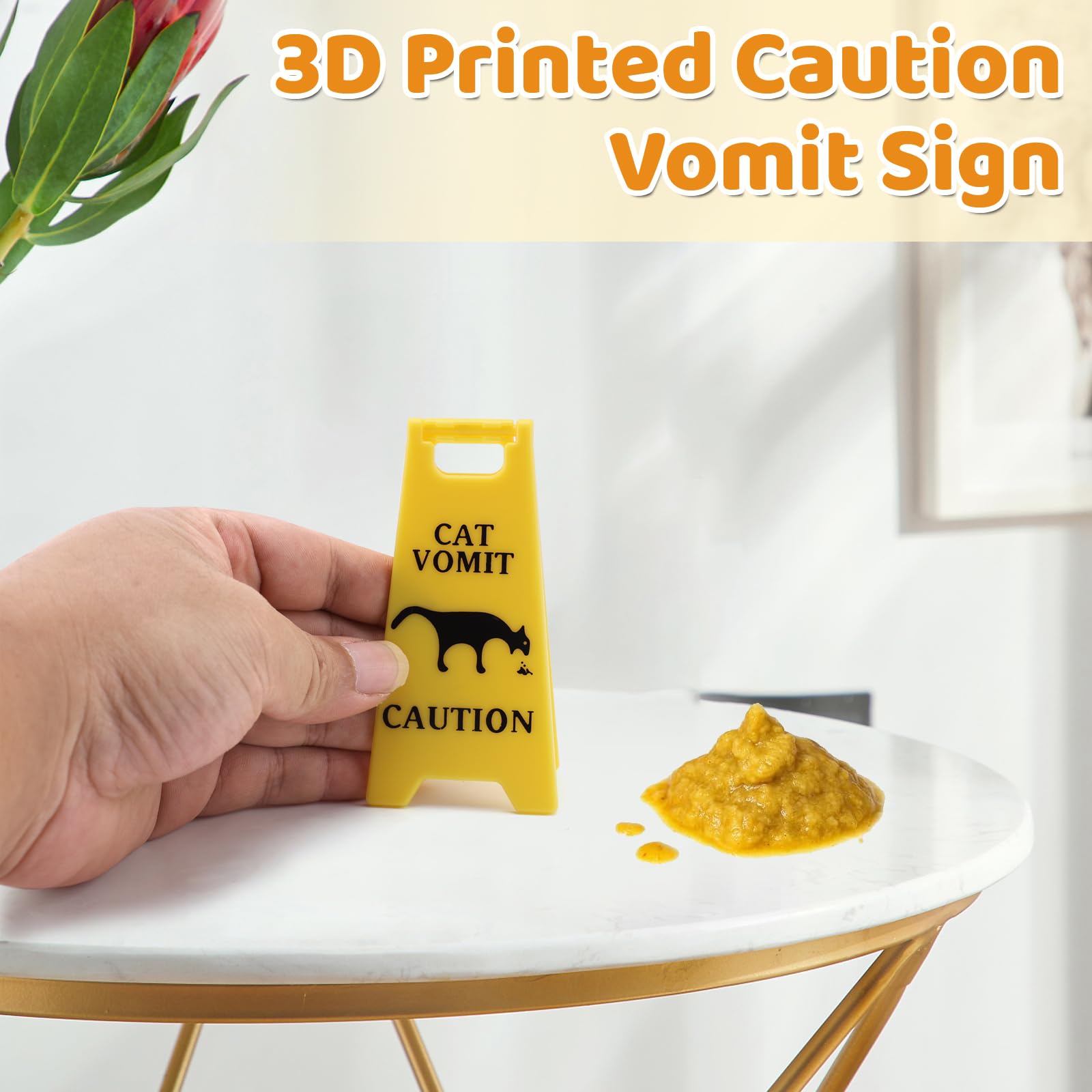 Cat Vomit Caution Sign mounted on wall or shelf