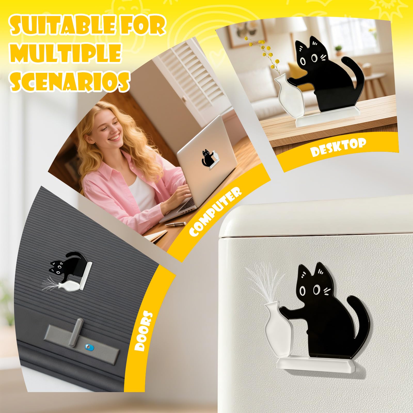 Standing black cat cartoon design with white vase accent