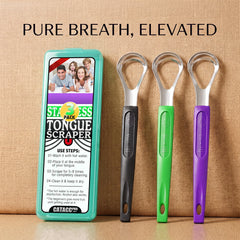 Curved stainless steel tongue scraper with ergonomic grip