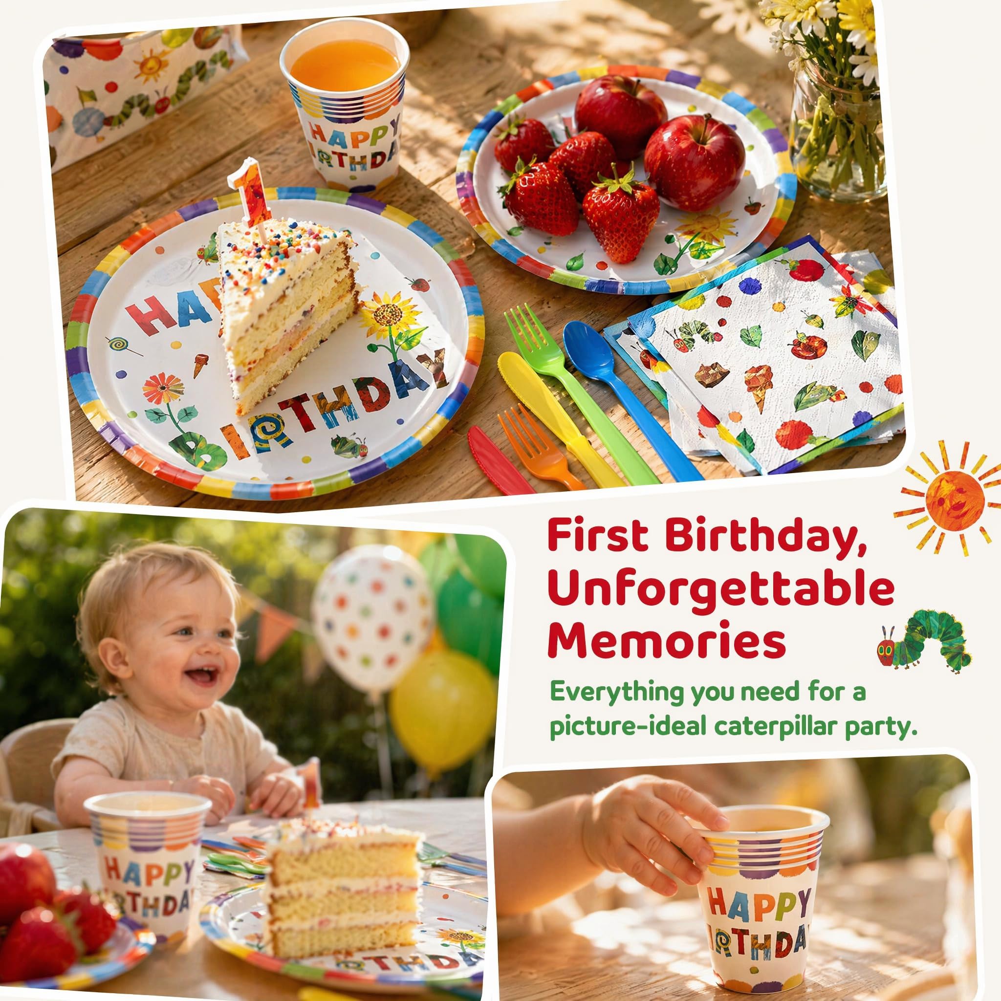 Eco-friendly heavy-duty paper tableware Caterpillar 1st Birthday 20 guests