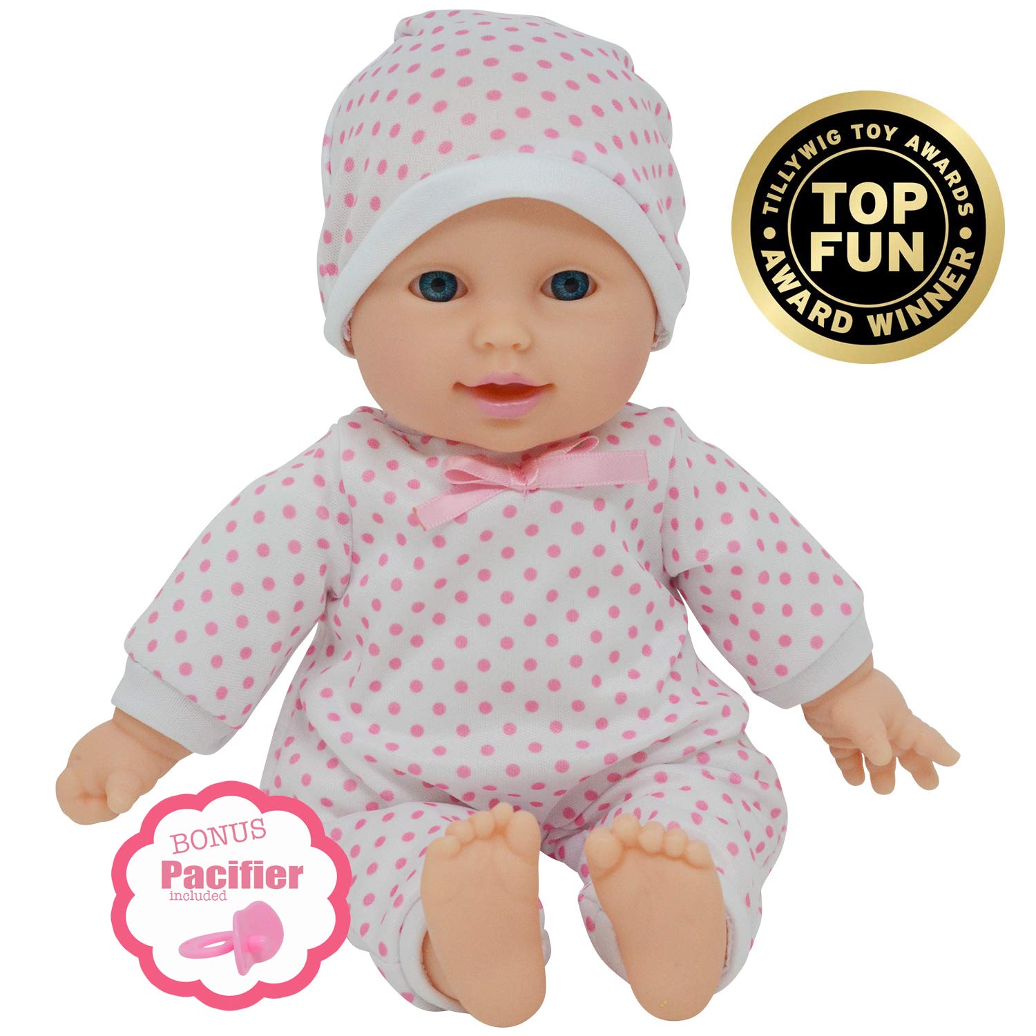 Caucasian baby doll with polka dotted onesie and hat
