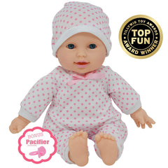 Caucasian baby doll with polka dotted onesie and hat