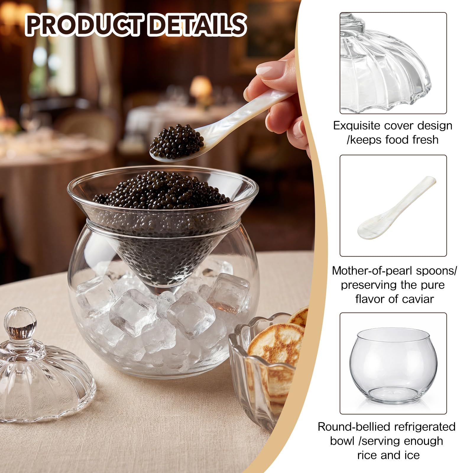 Two caviar dishes with covers and two serving bowls