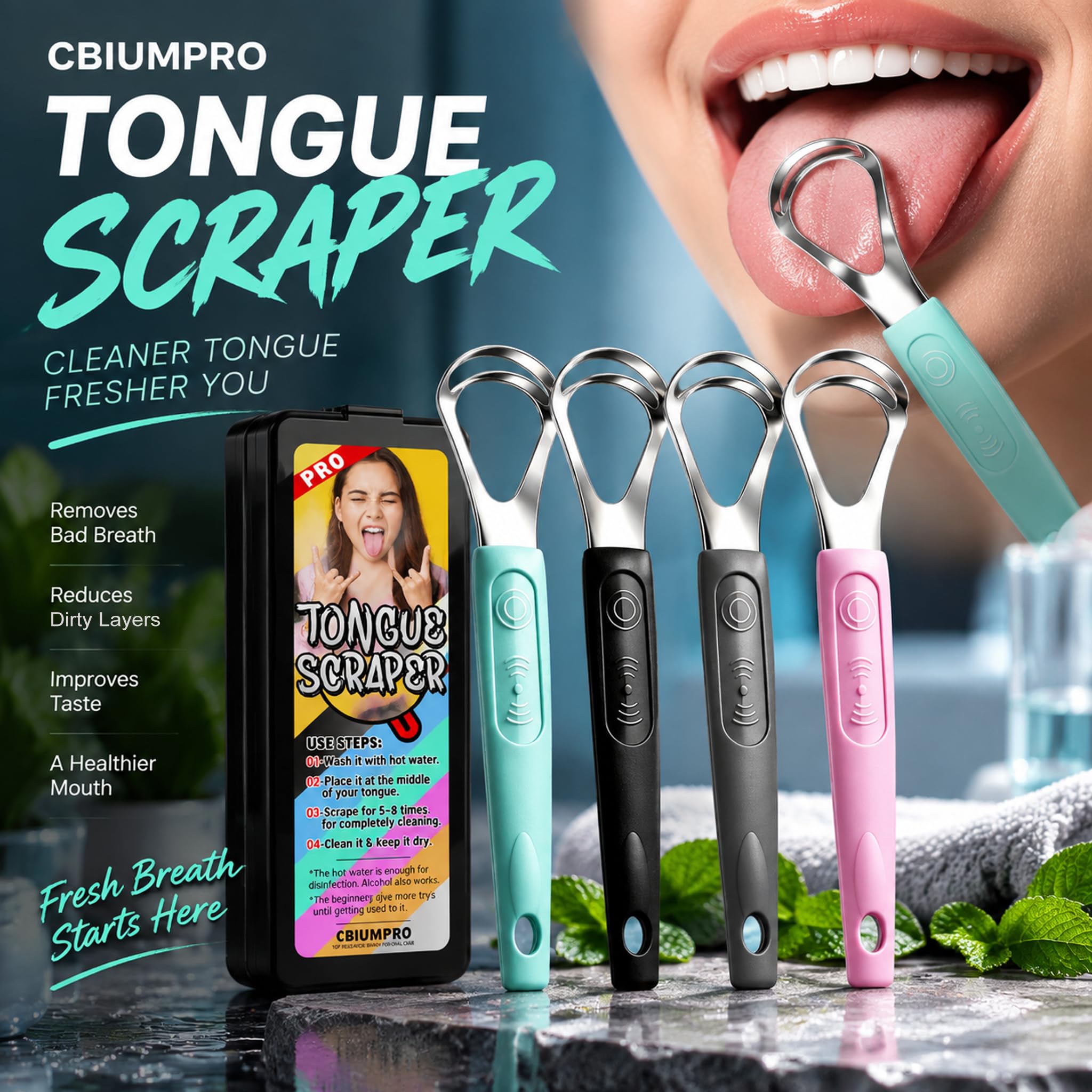 Stainless steel tongue scraper by Cbiumpro