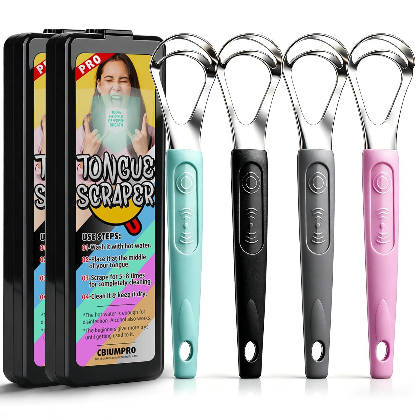 Cbiumpro tongue scraper 4-pack color variations