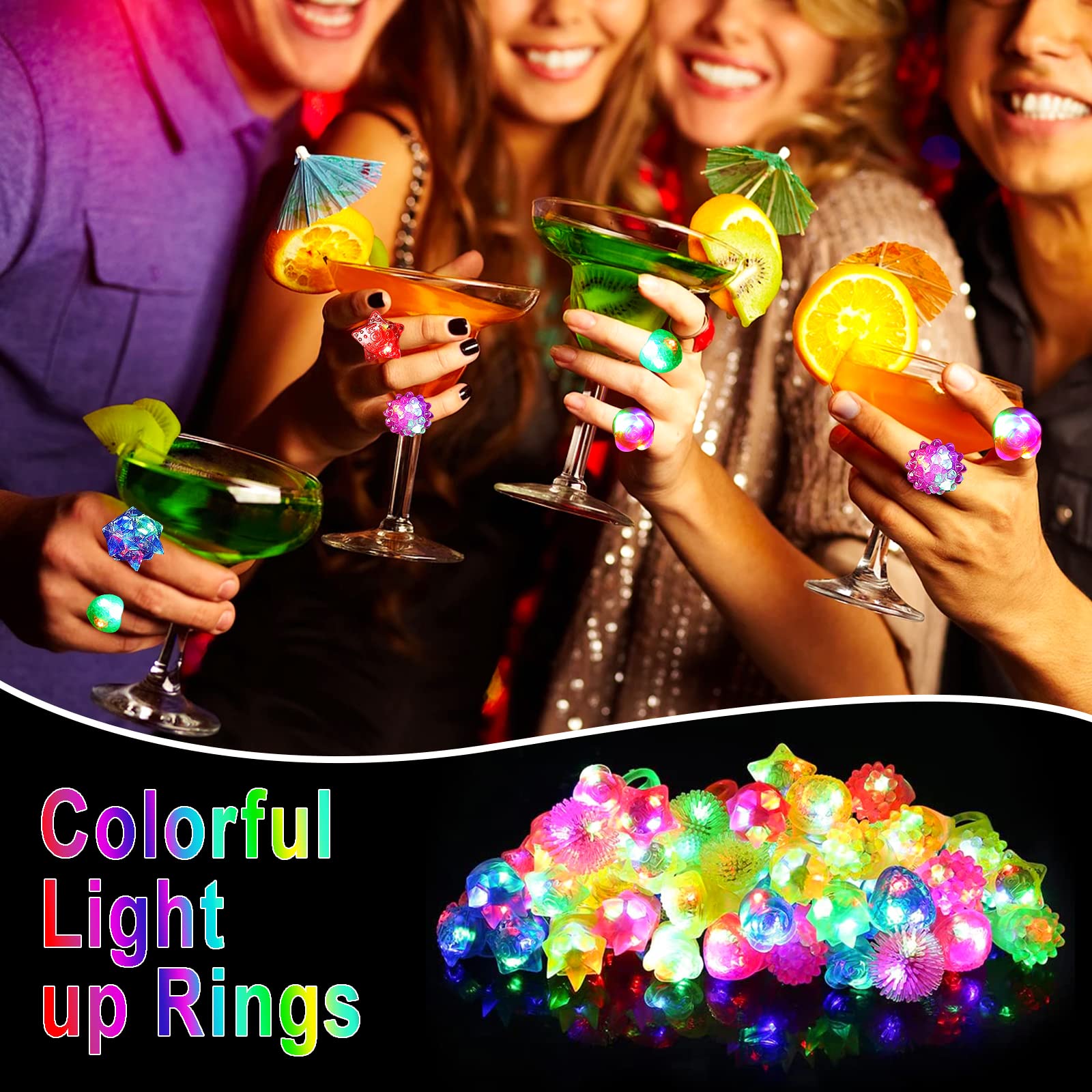 Six shapes in 24 piece pack light up rings