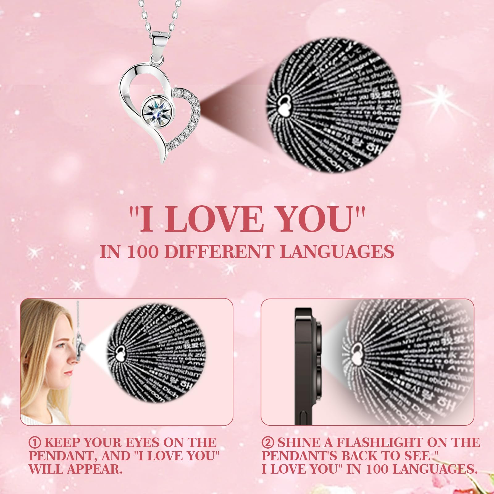 heart necklace featuring 100 languages I love you