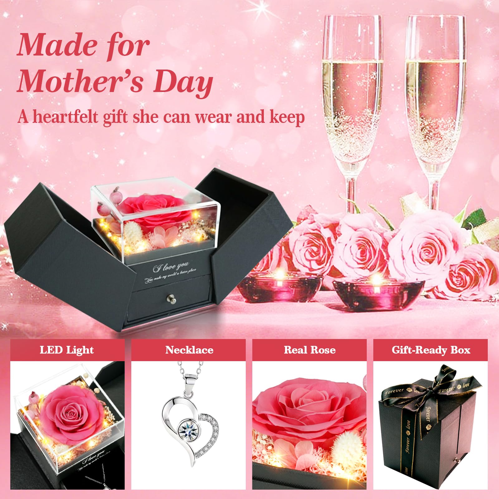 mom wife grandma gift set with necklace and rose