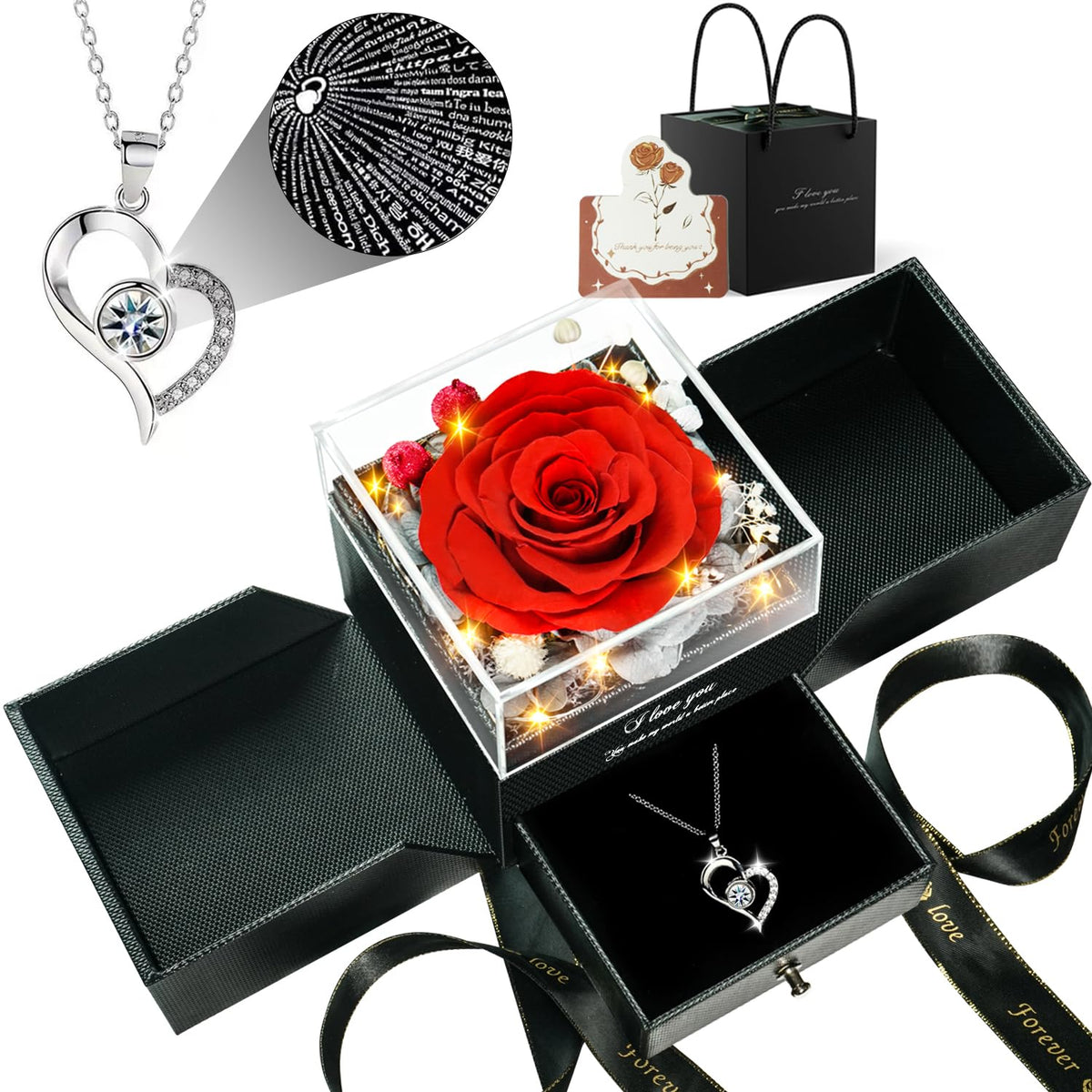 cdco preserved roses with heart necklace in gift box