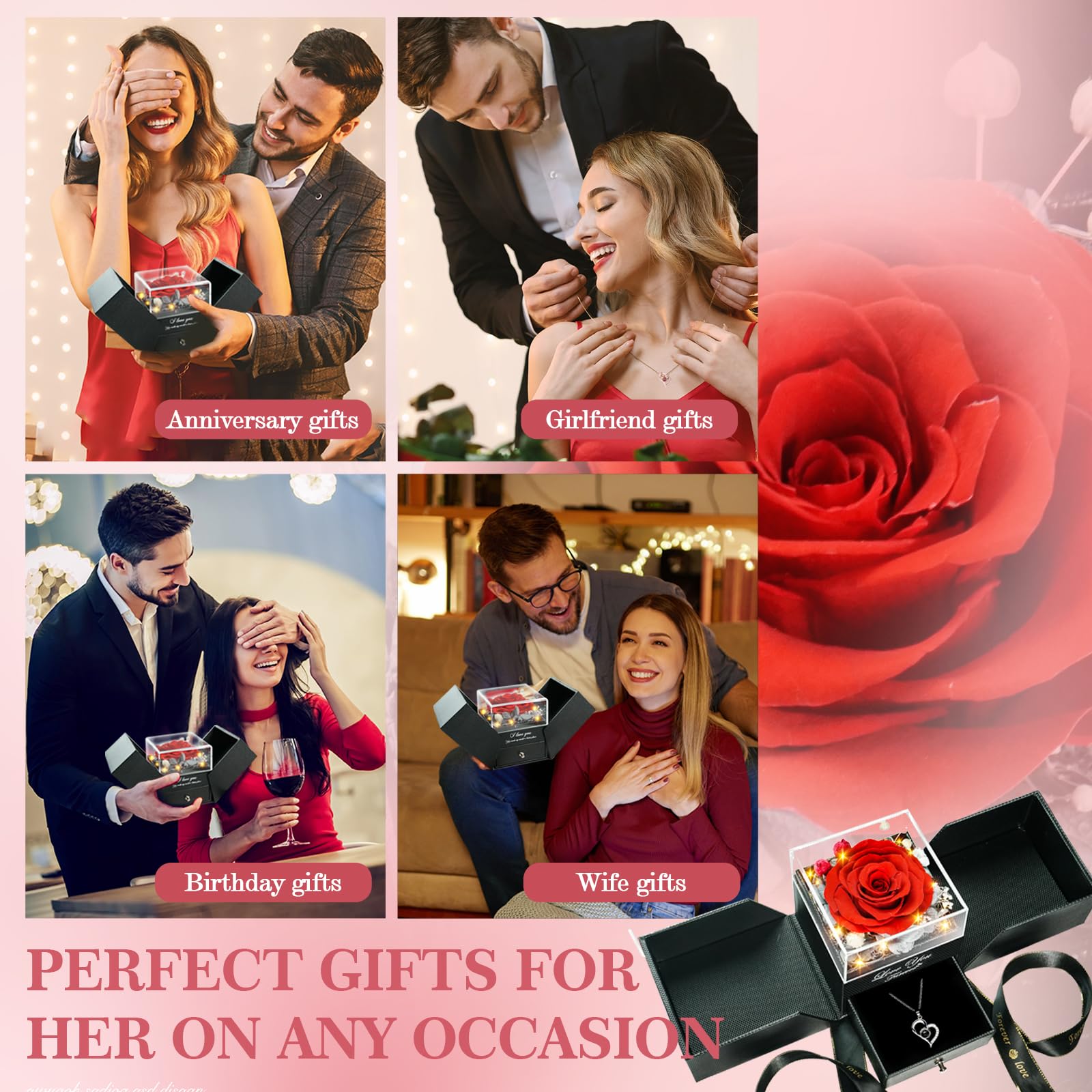 red preserved roses and necklace combo gift