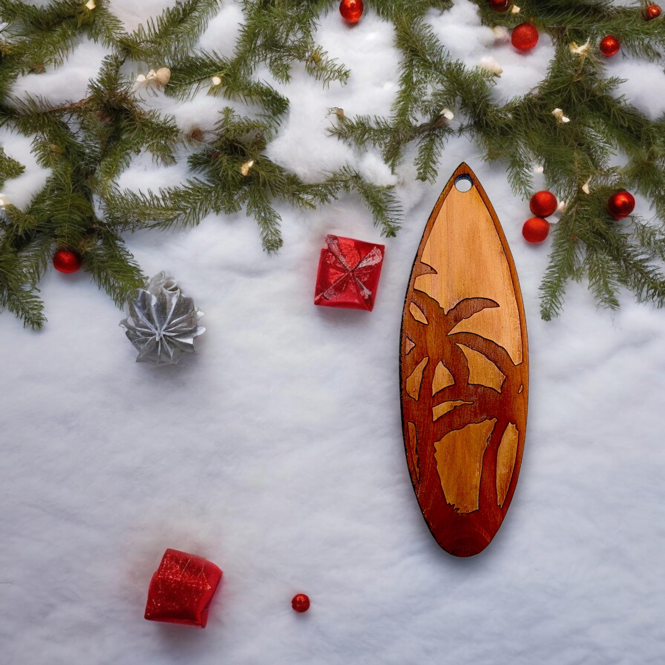 Gift ready cedar ornament palm tree surfboard