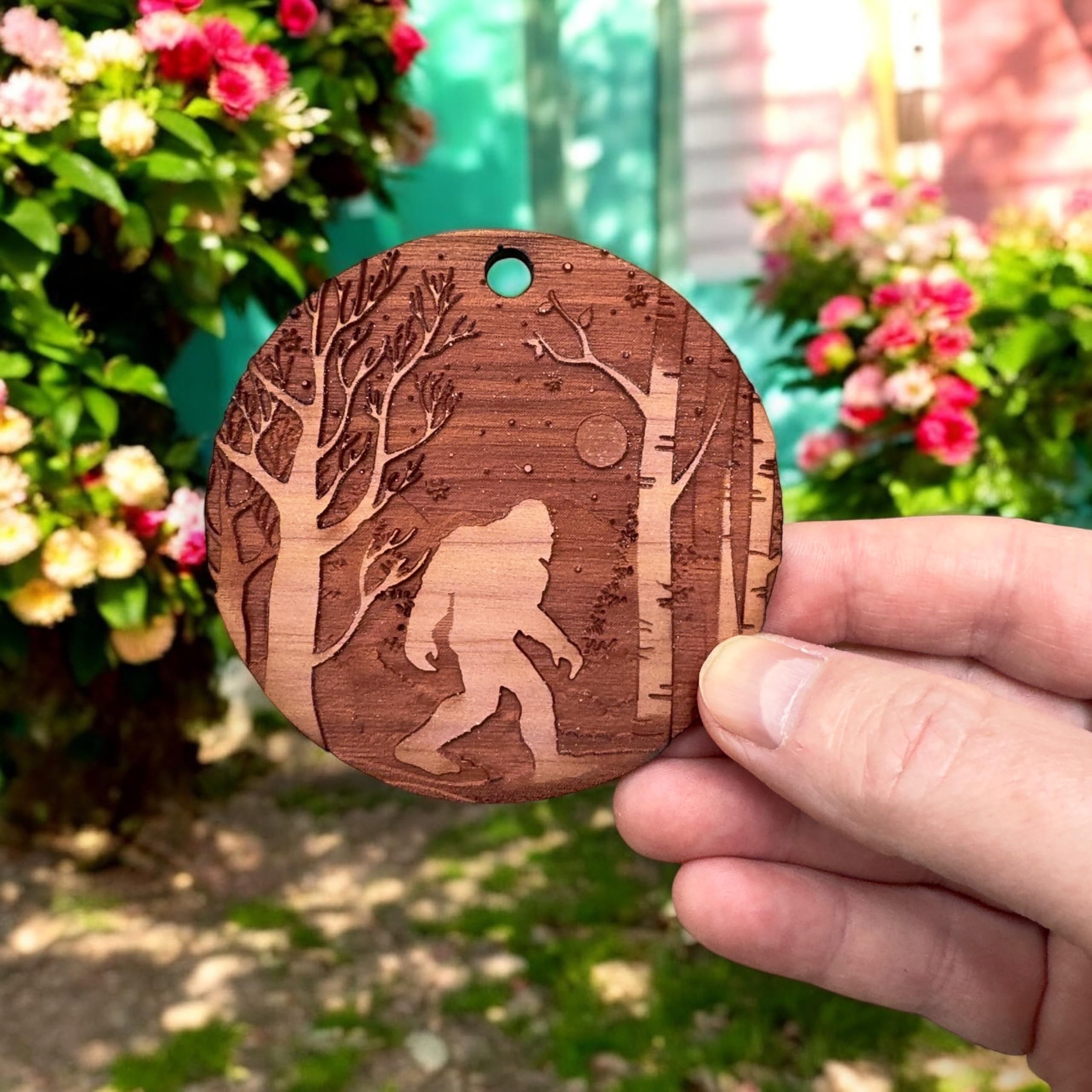 Cedar Ornament Winter Sasquatch Bigfoot natural wood finish