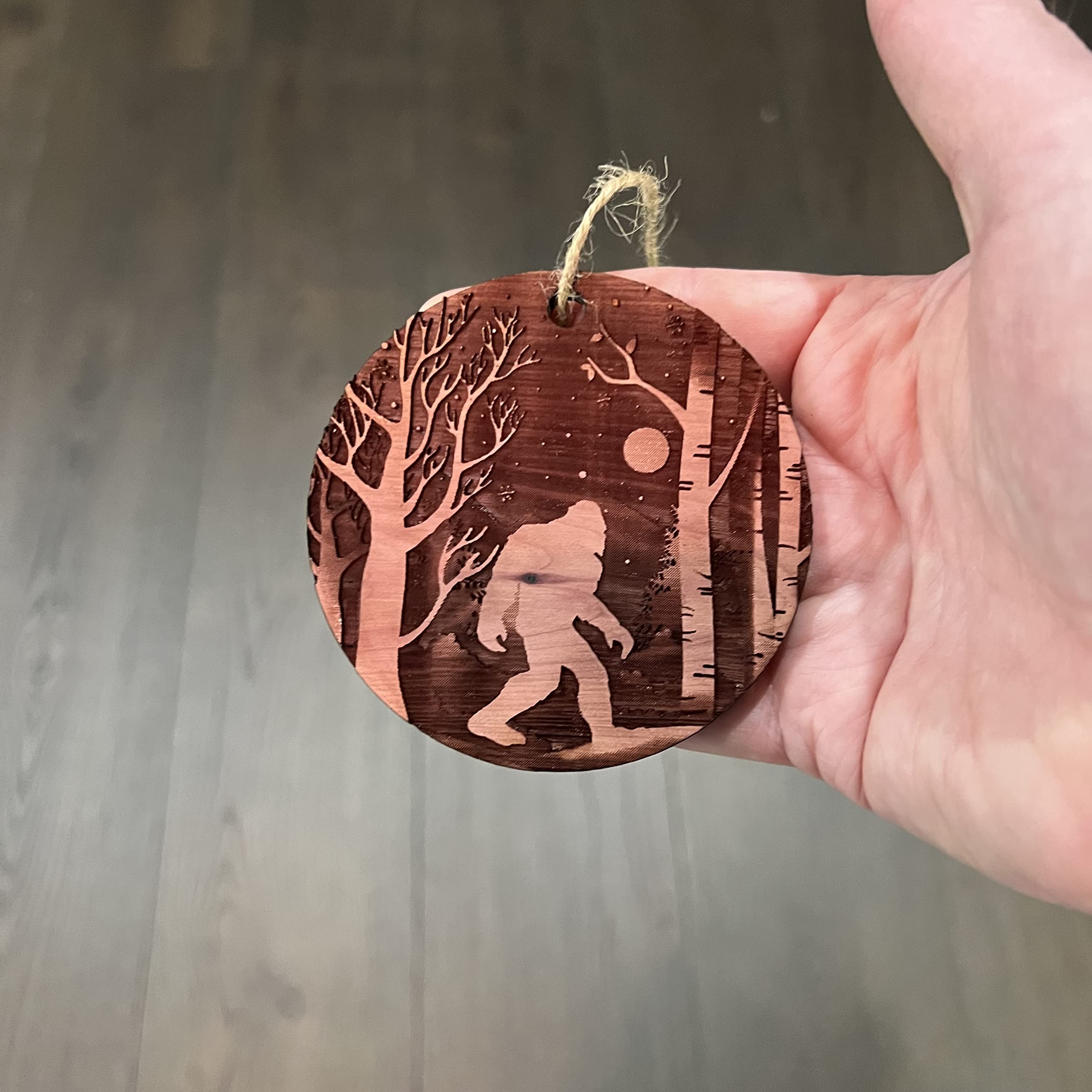 Cedar Ornament Winter Sasquatch Bigfoot ornament display