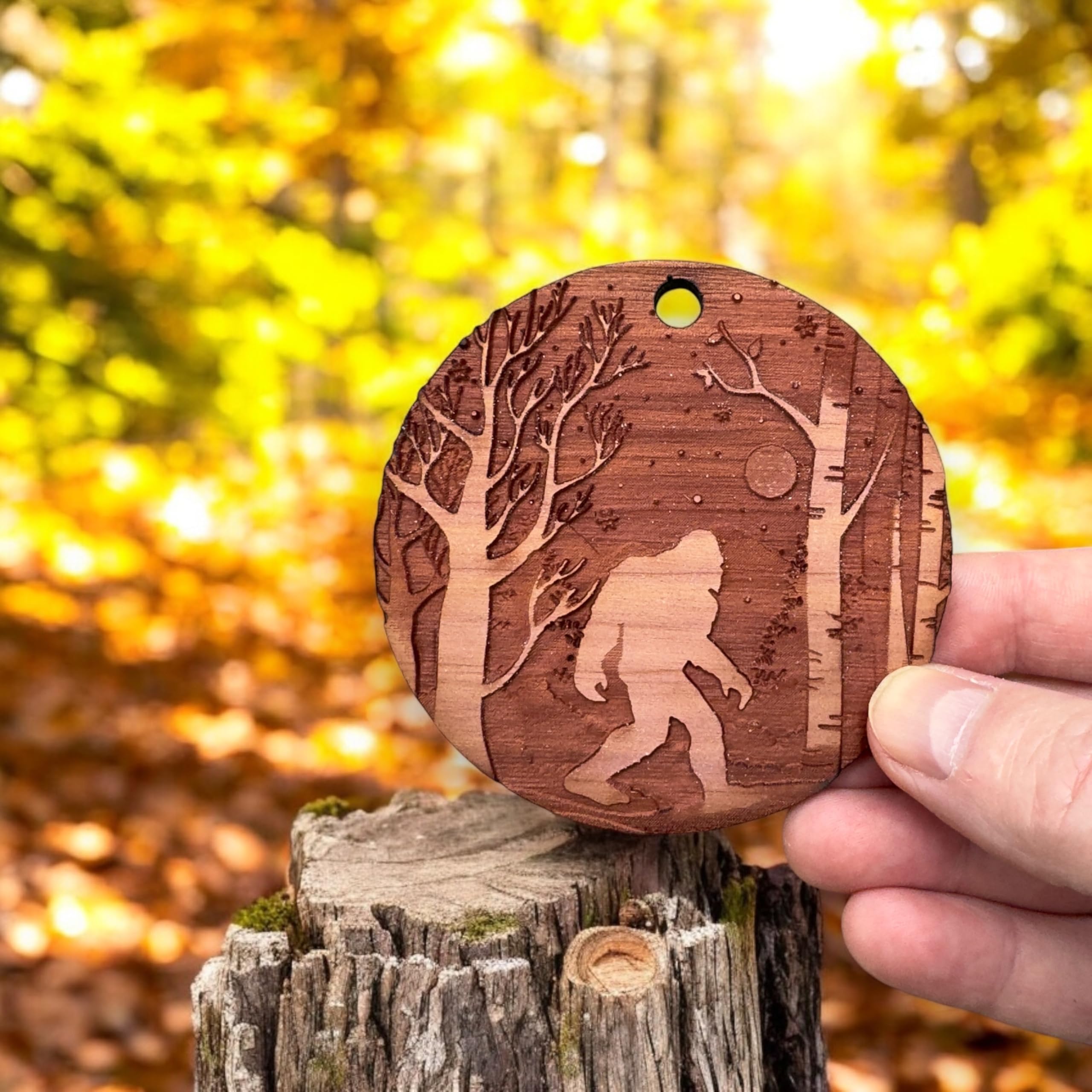 Winter Sasquatch Bigfoot cedar ornament 1/4 inch thick