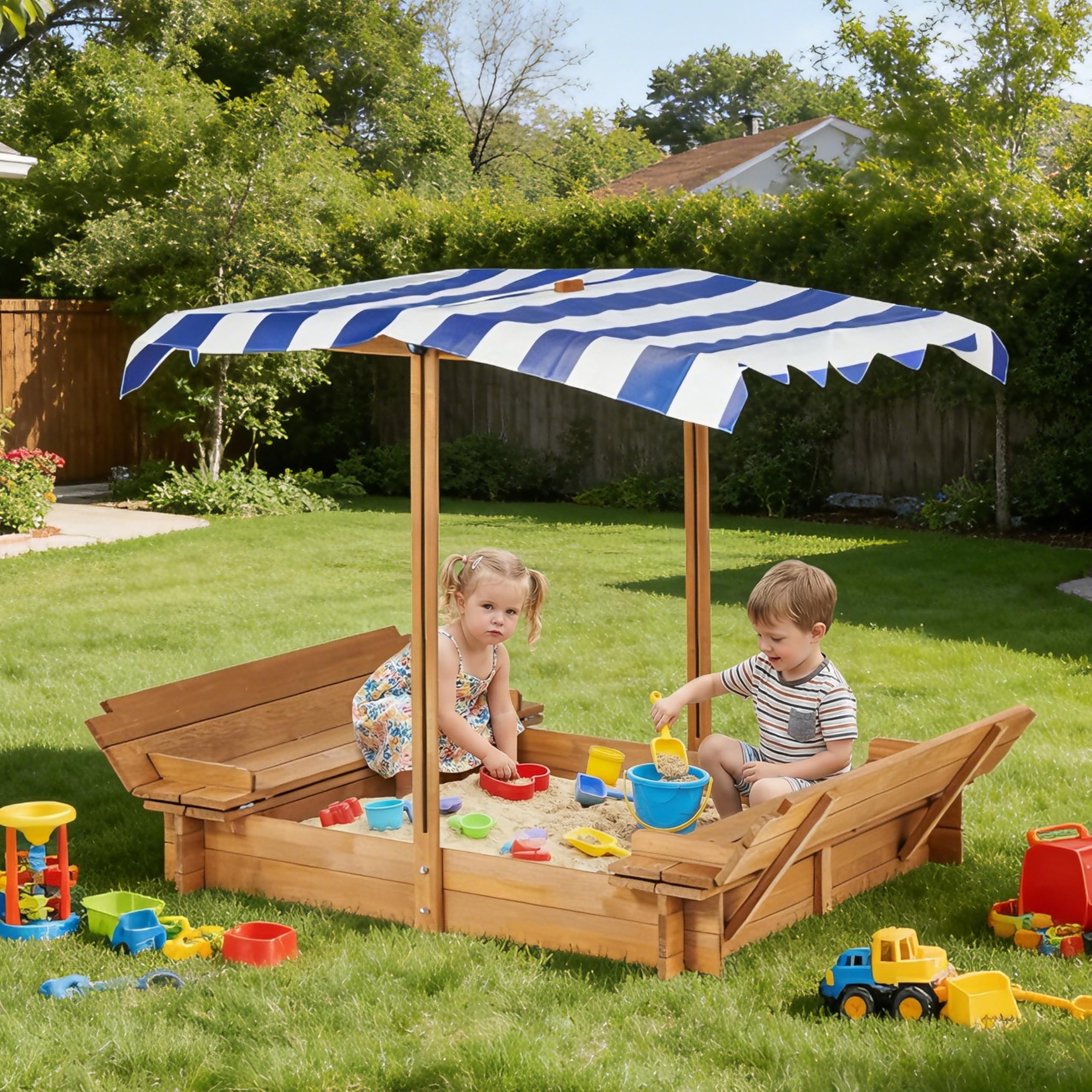 46.5 inch square cedar sandbox with 2 foldable bench seats