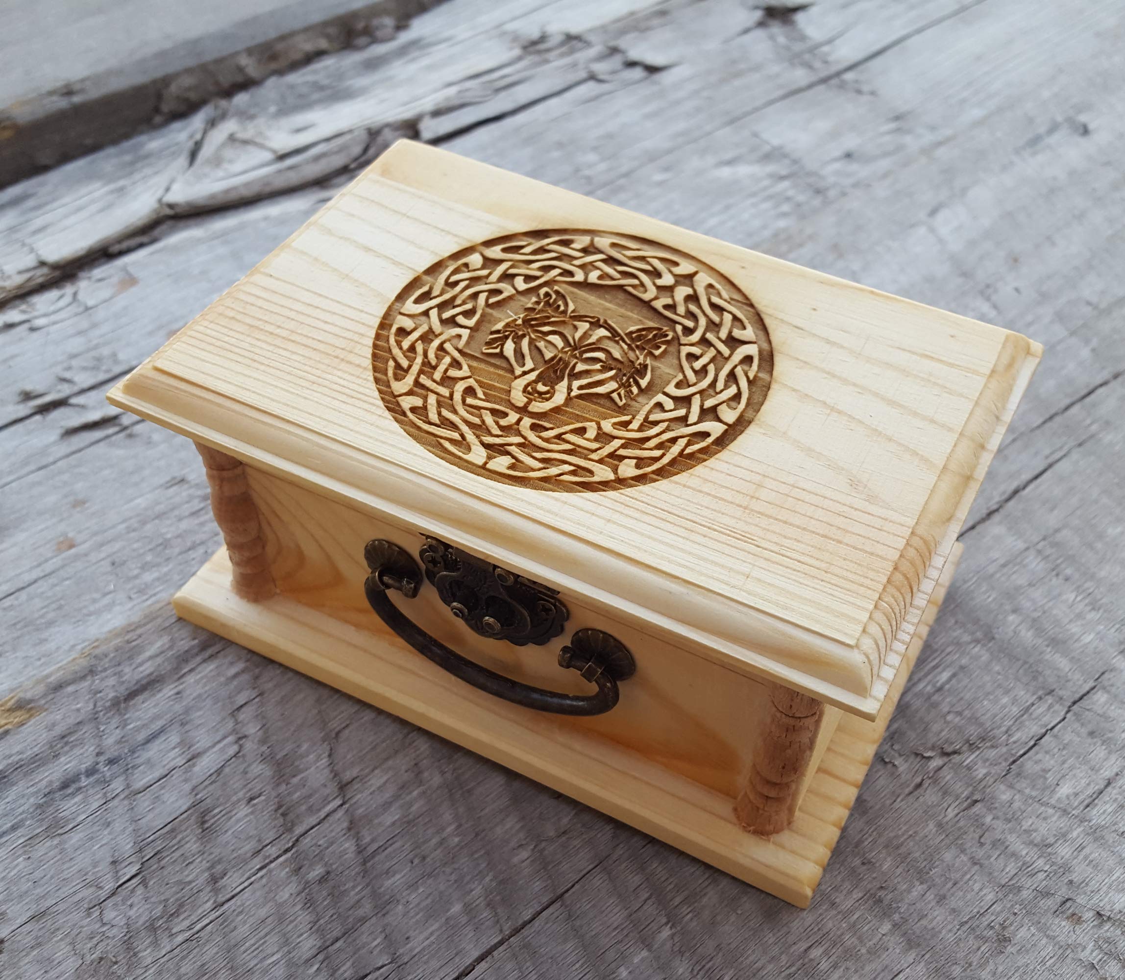 Natural untreated wood Celtic Wolf Wooden Box