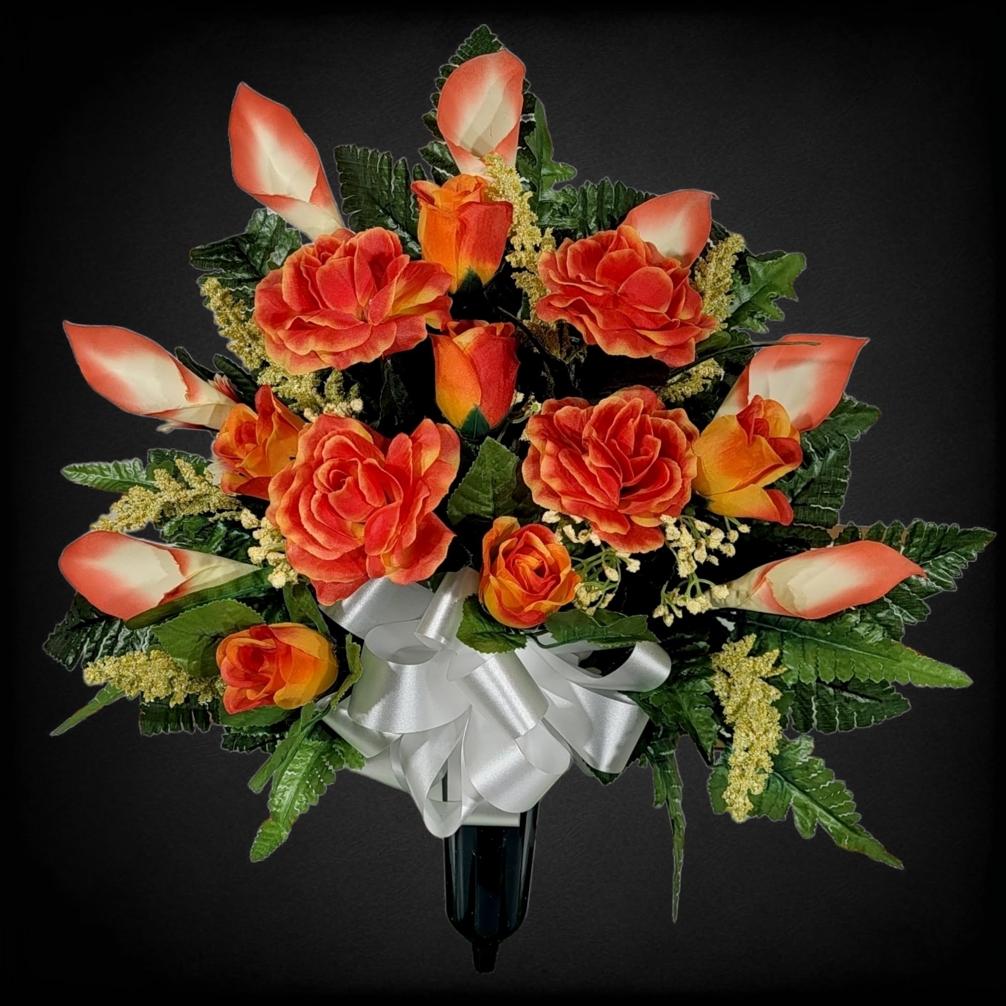 Foam filled plastic vase supporting memorial flowers