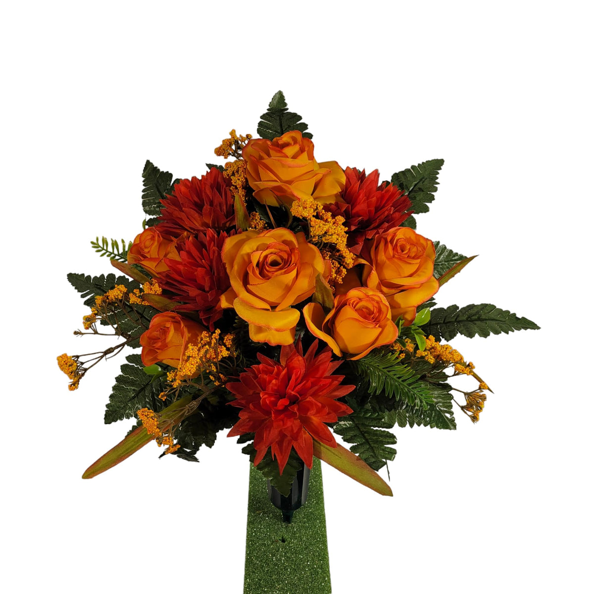Cemetery Cone summer or fall memorial decoration with orange roses and mums