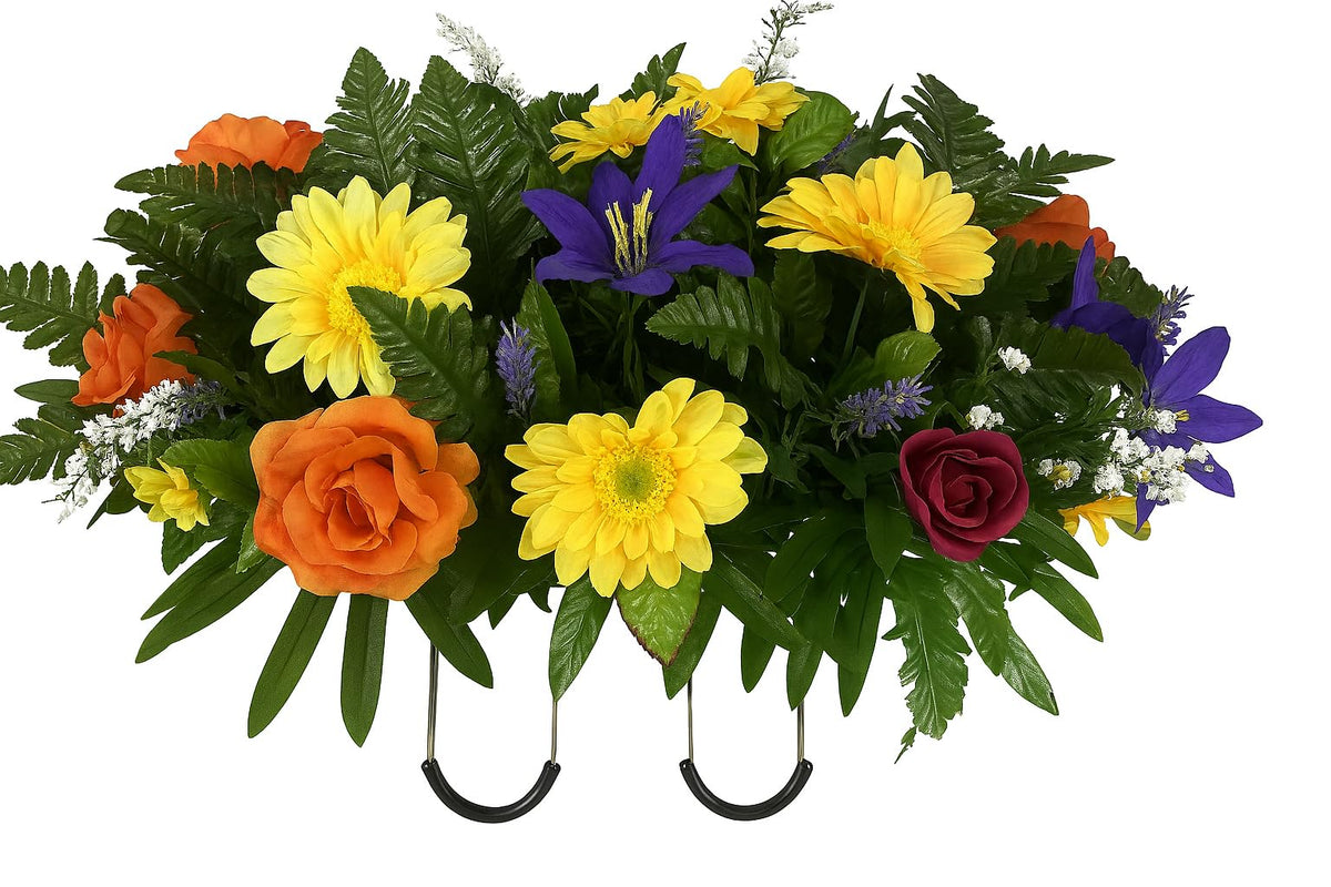 Cemetery Headstone Saddle with Purple Orange Yellow Mix on a grave marker
