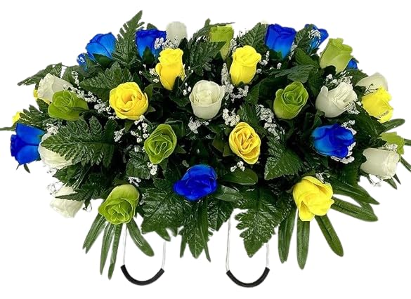 Cemetery Headstone Saddle Flowers blue green yellow roses and baby's breath 24in long