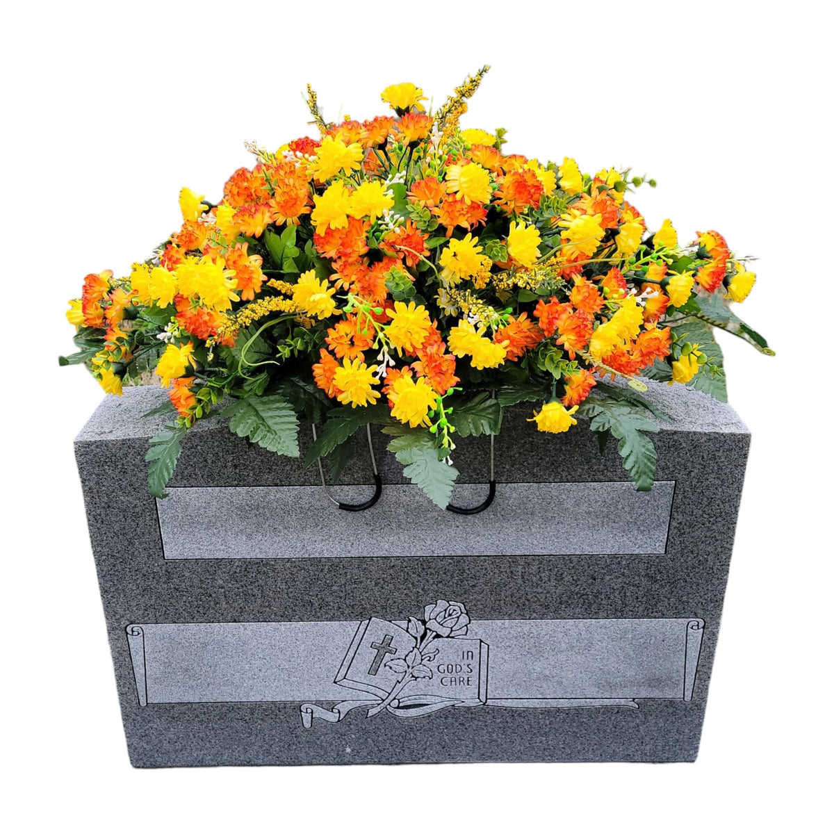 Cemetery Saddle Memorial Decoration orange yellow mini mums on headstone