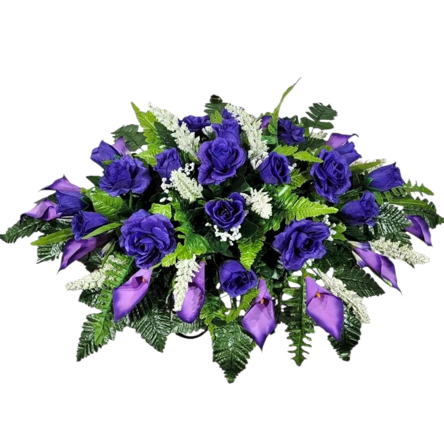 Cemetery saddle memorial decoration with metal frame and faux silk blooms
