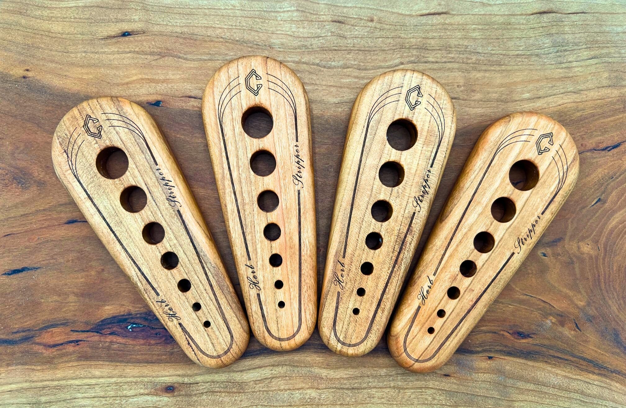 One-of-a-kind wood grain pattern on herb stripper