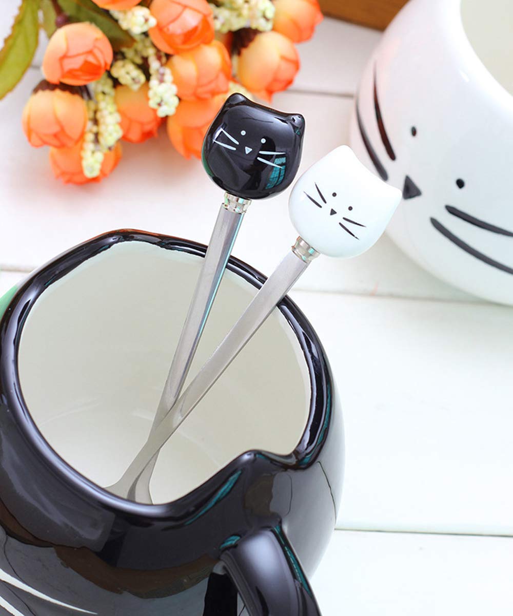 Stainless steel spoon with ceramic cat-face handle