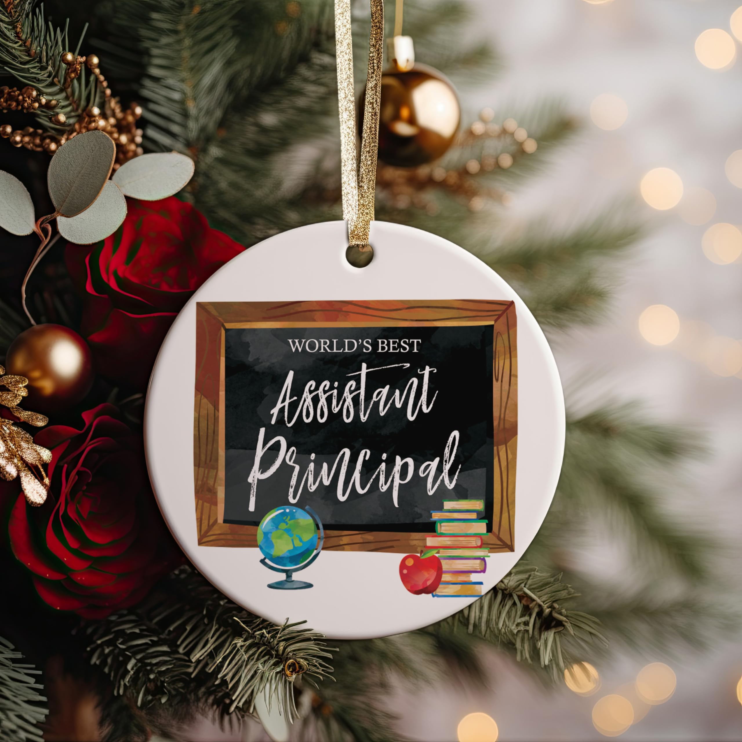 educator gift ornament on white ceramic surface