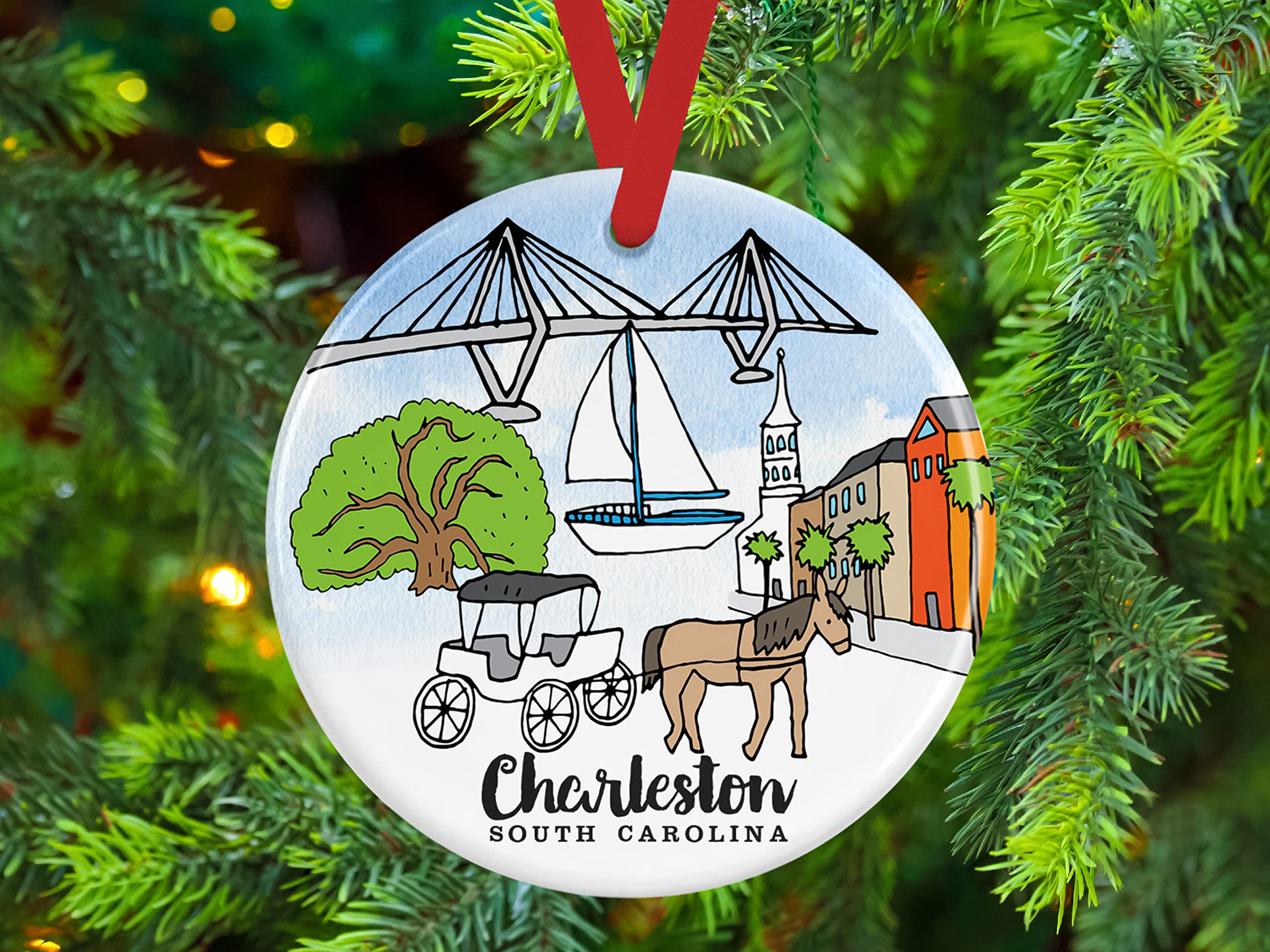 Front printed ceramic Christmas ornament Charleston design