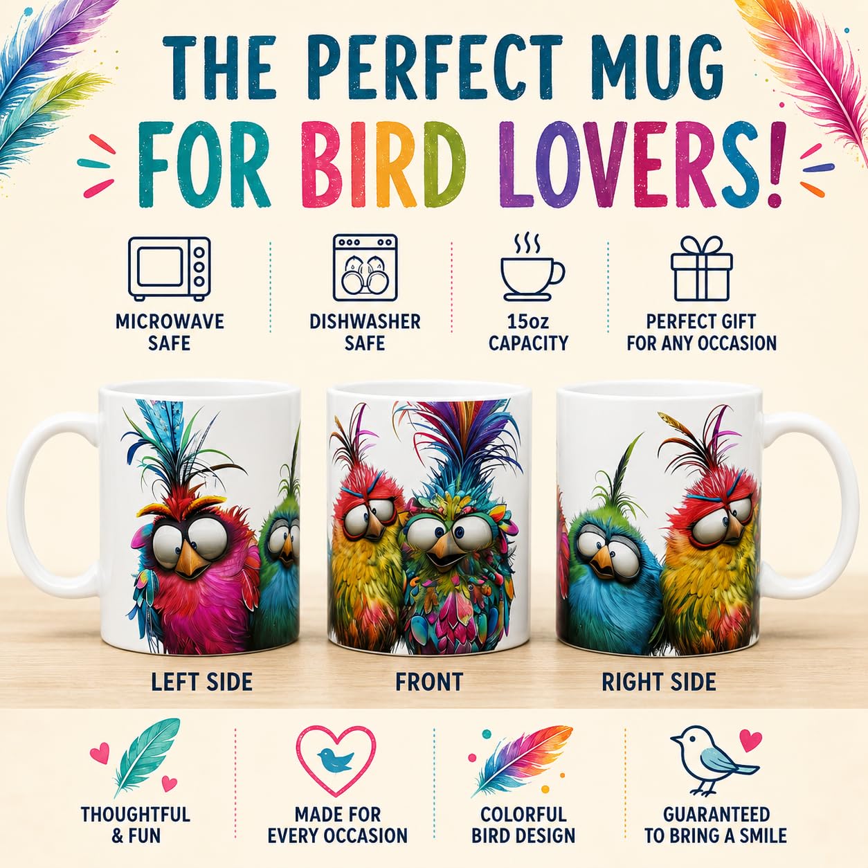 Funny Bird Mug 15oz side view showing expressive bird faces