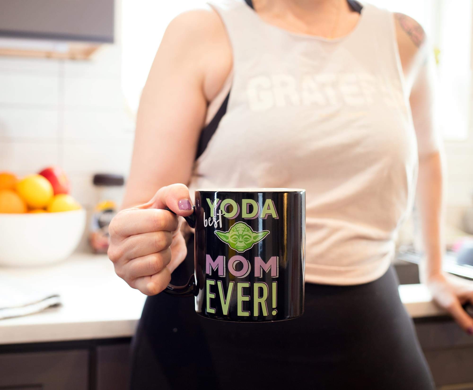 BPA-free Star Wars mug with Yoda artwork on black background