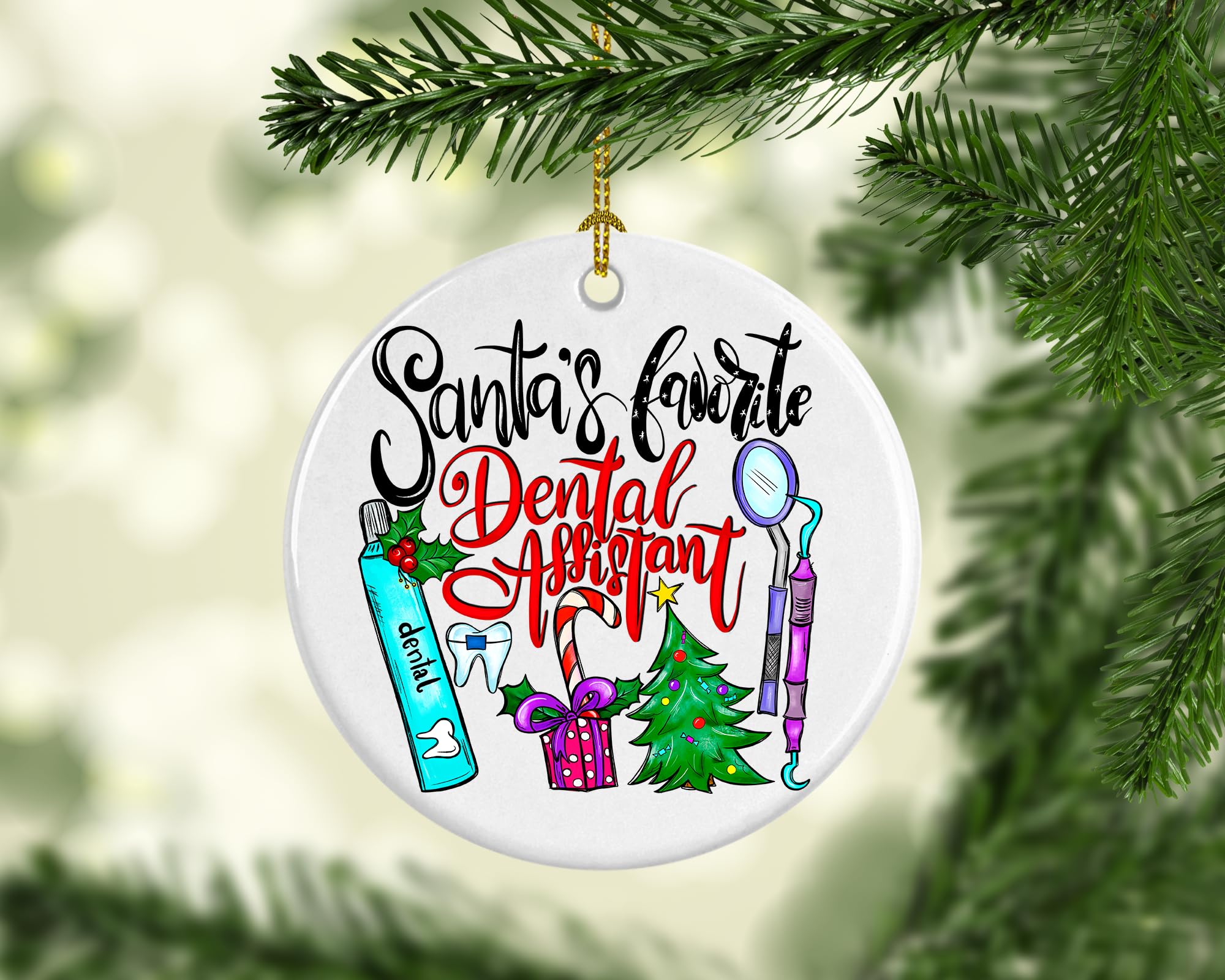 Ceramic Christmas Ornament featuring Dental Assistant with gold hanging cord and gift box