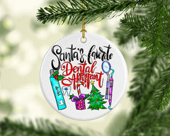 Ceramic Christmas Ornament featuring Dental Assistant with gold hanging cord and gift box
