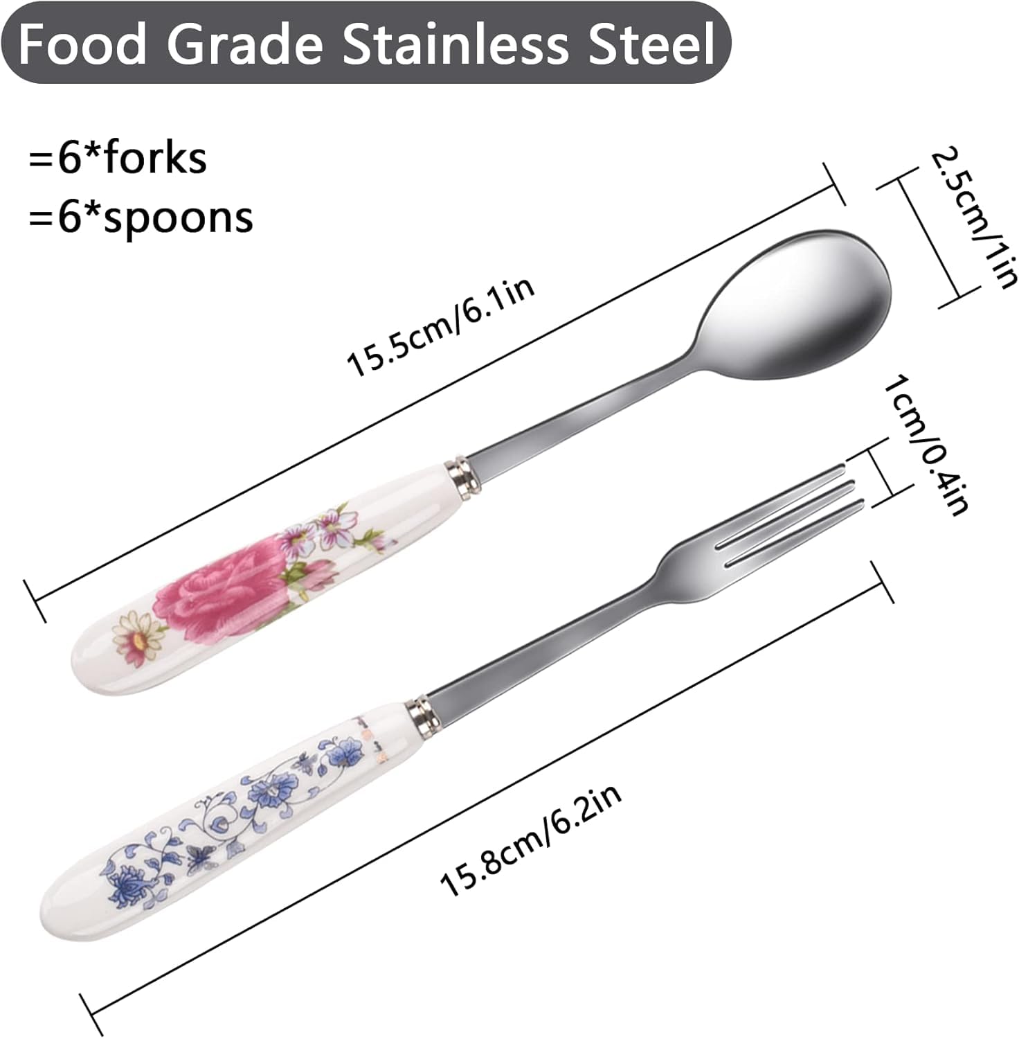 Ceramic handles with floral pattern on stainless steel flatware