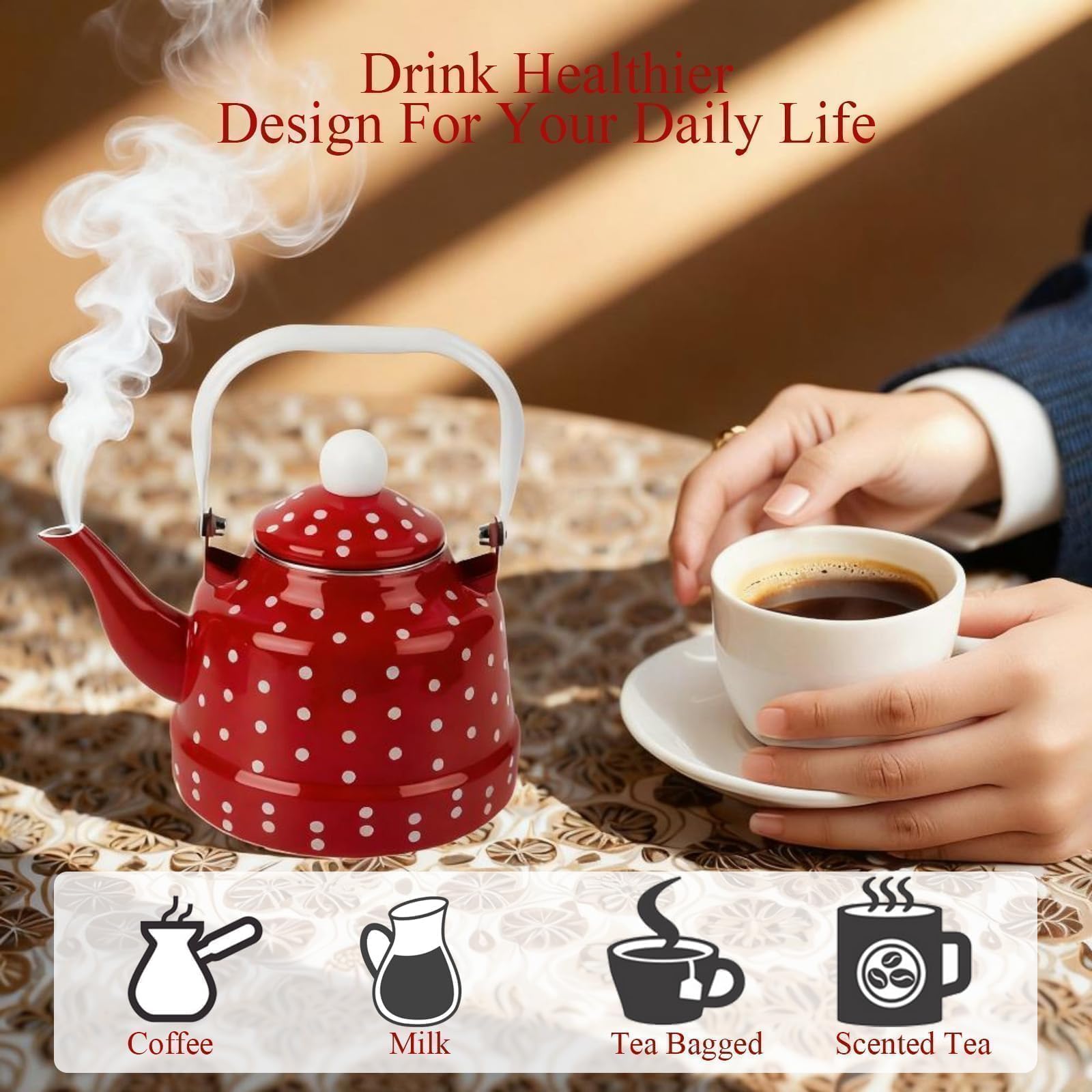 Stovetop compatible enamel kettle with ceramic handle