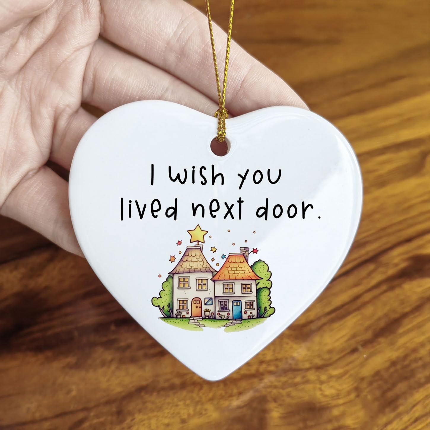 White ceramic heart ornament 3 inch with gold hanging string