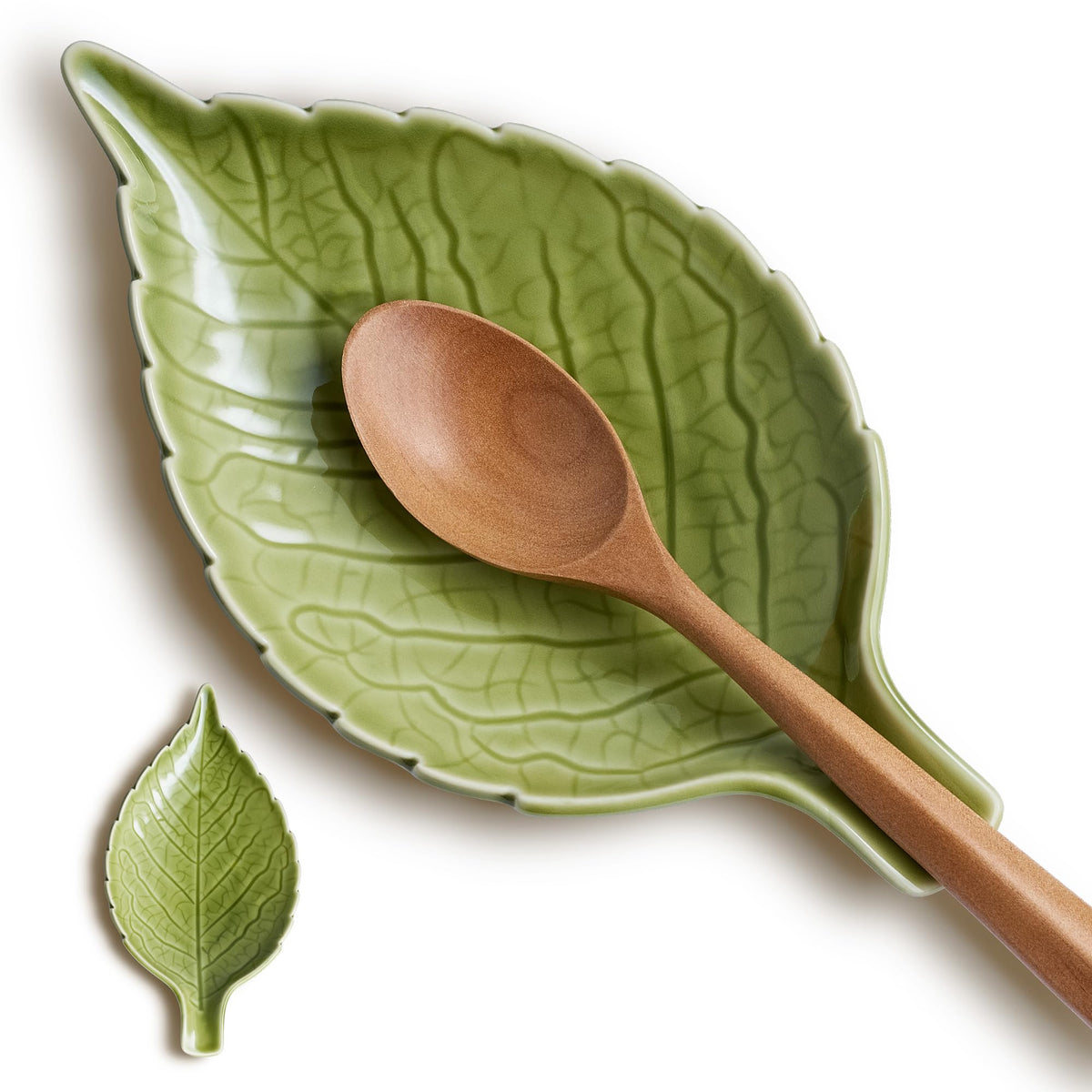 Ceramic leaf spoon rest green leaf design for kitchen counter